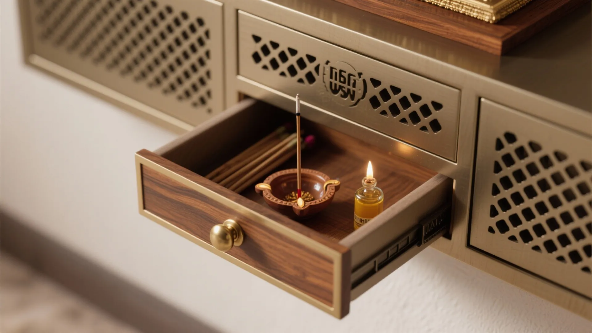 Wall‑mounted mandir with concealed storage