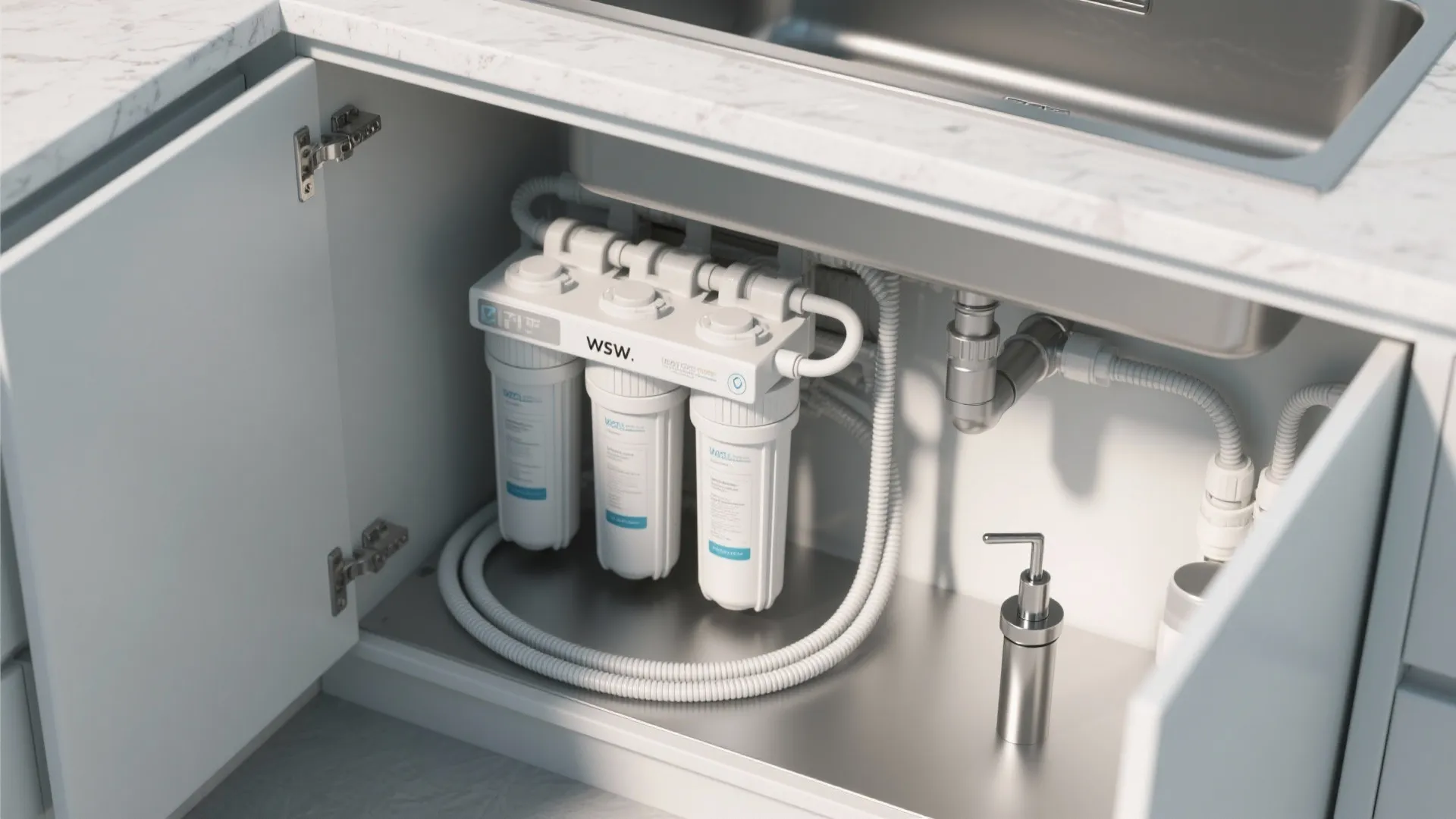 Top-down view of an open under-sink cabinet showing concealed multi-stage filters and a minimalist filtered-water tap.