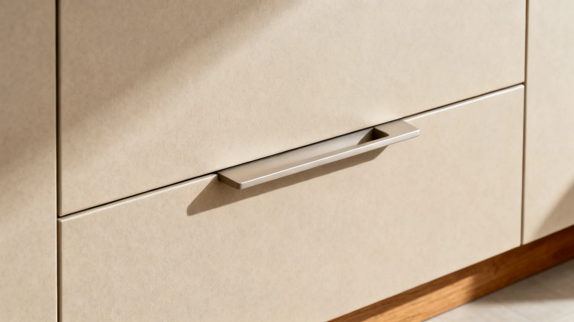 Macro detail of a slab cabinet with a concealed J-pull handle in a matte beige finish.