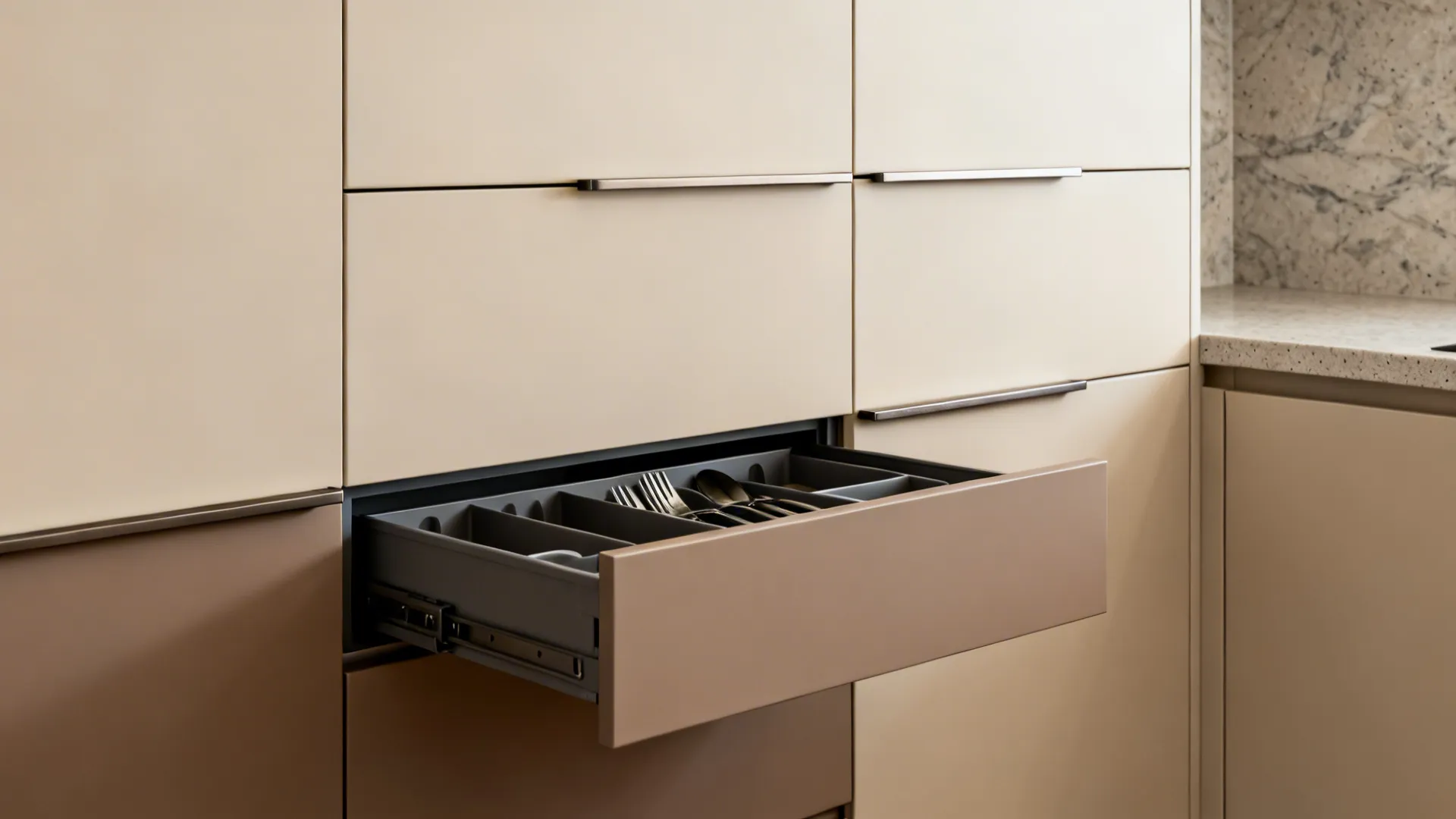 Close-up of matte handleless kitchen cabinets with slim edge pulls and clean reveals.