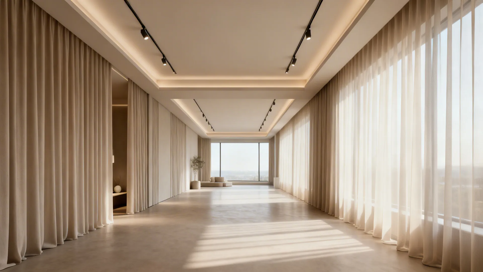 Curtains floating from ceiling with recessed pelmet hiding the track for a seamless look