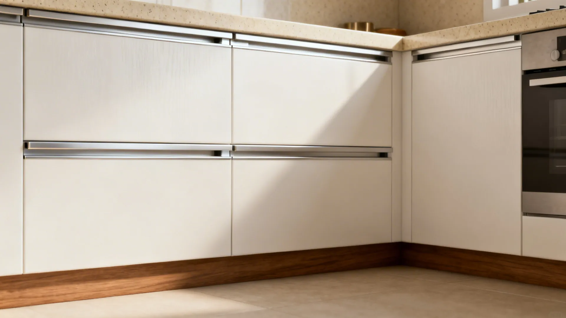 Matte white cabinets with concealed J-pull rails and quartz counter in a small Pakistani kitchen.