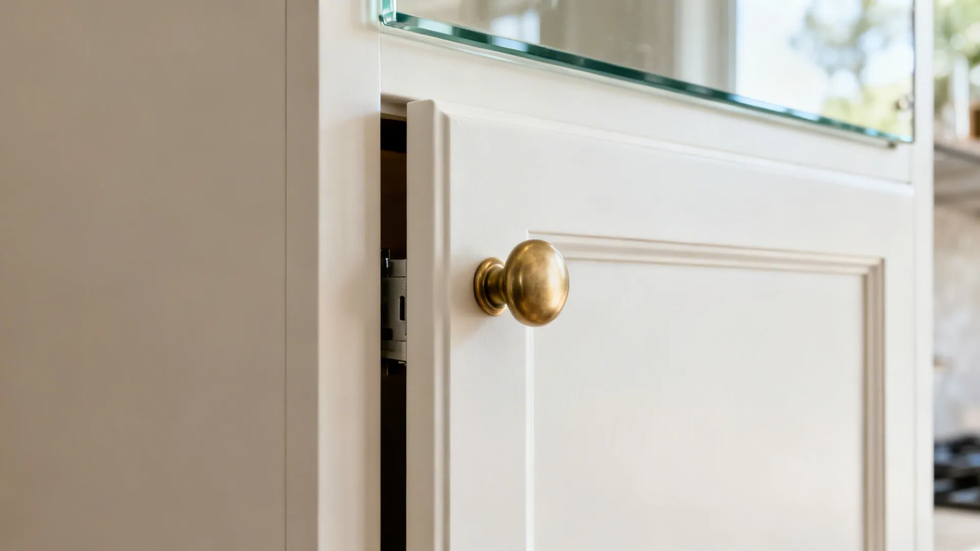 Macro detail of push-latch behind a shaker panel with low-iron glass edge and satin brass hardware.