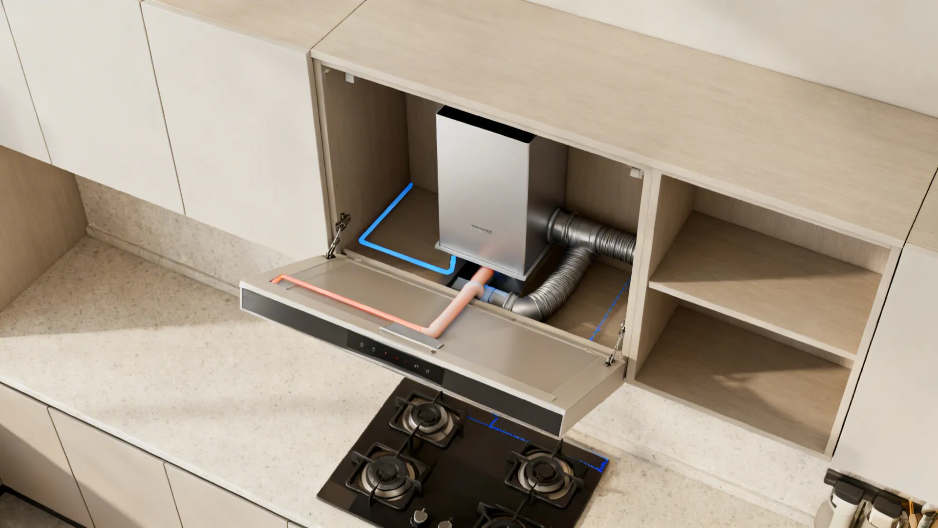 Kitchen cabinet showing silver kitchen hood motor and ventilation pipes installed above black gas stove