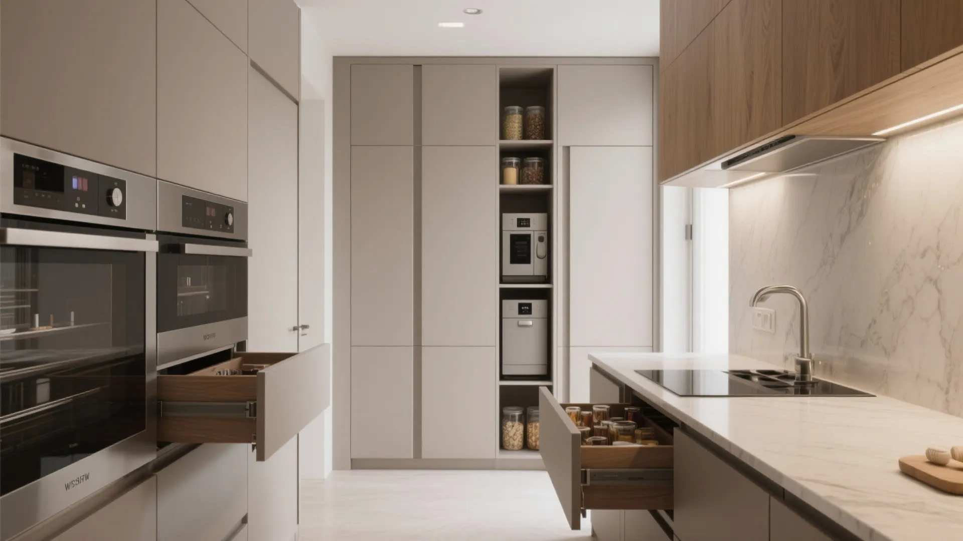 Minimalist kitchen storage with concealed systems
