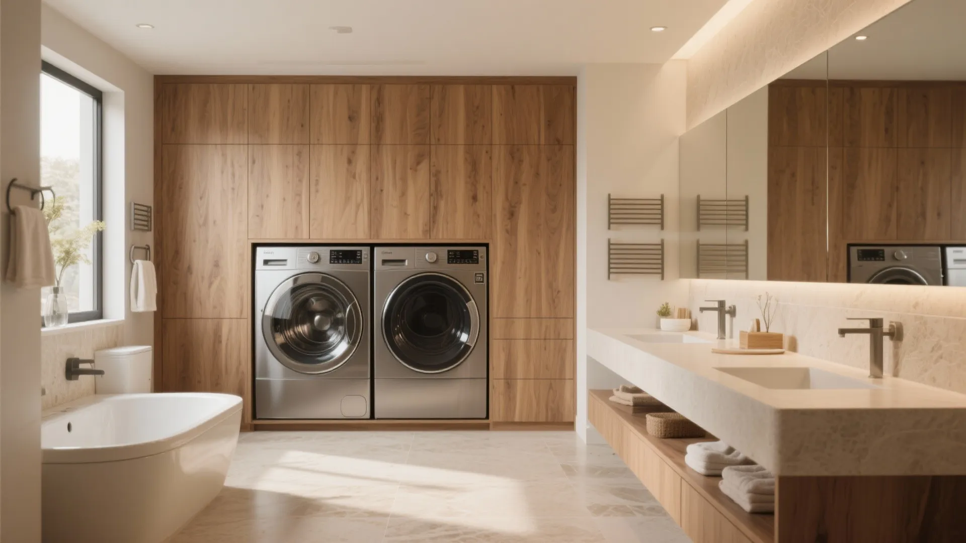 Laundry appliances hidden behind wood cabinetry in bathroom