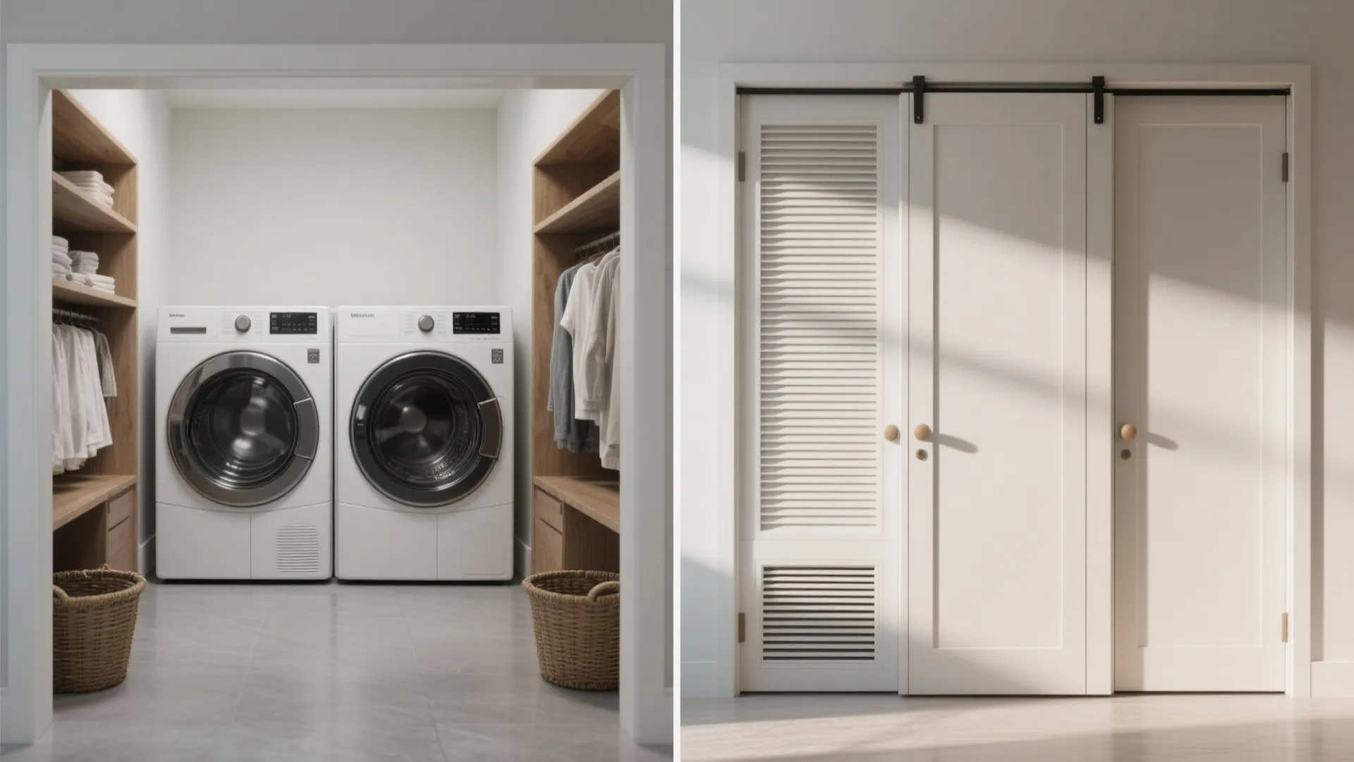 Before and after comparison of open laundry room shelving versus closed white sliding barn doors