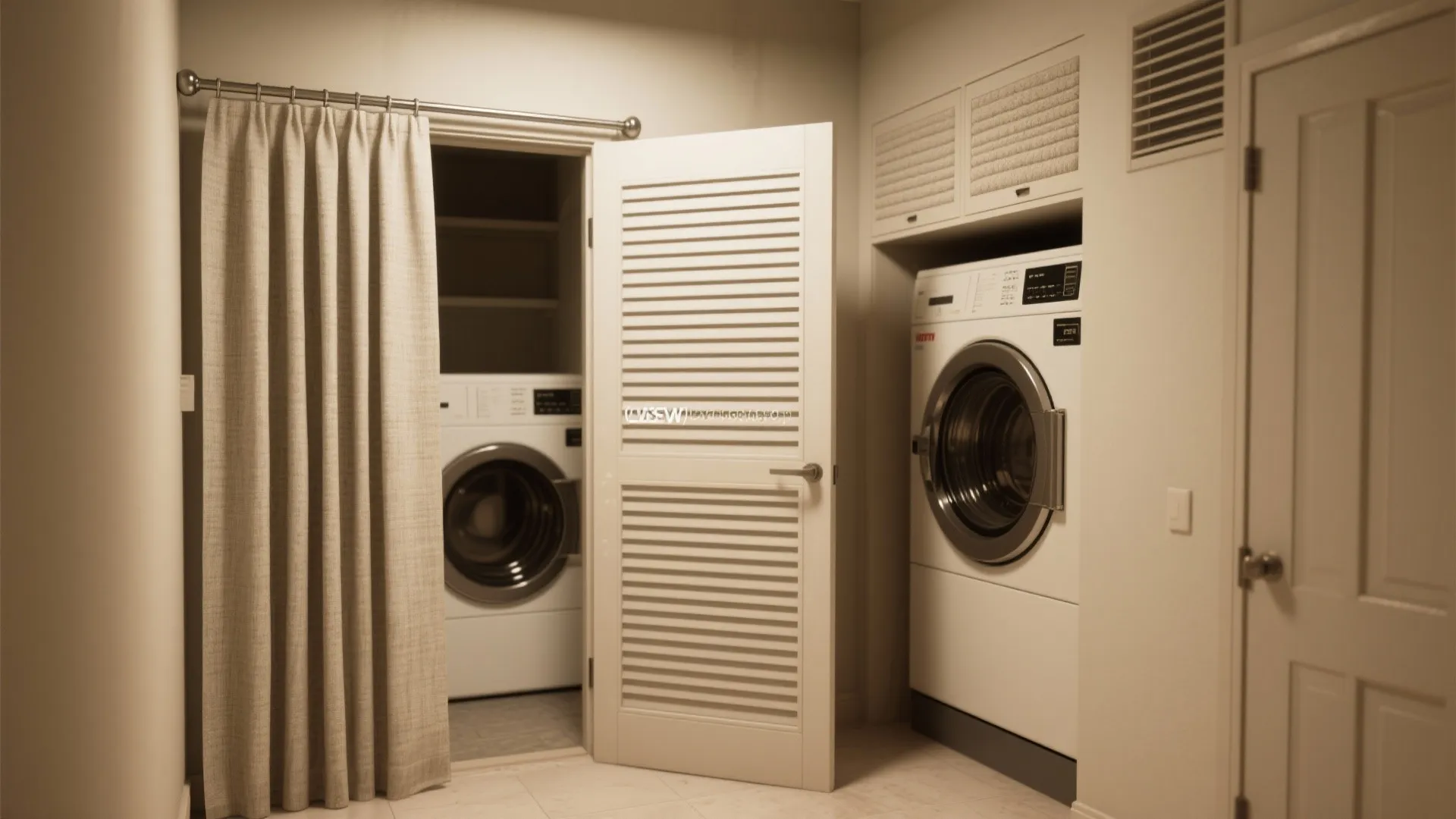 Modern laundry room featuring a hidden washing machine behind a white door and beige curtain