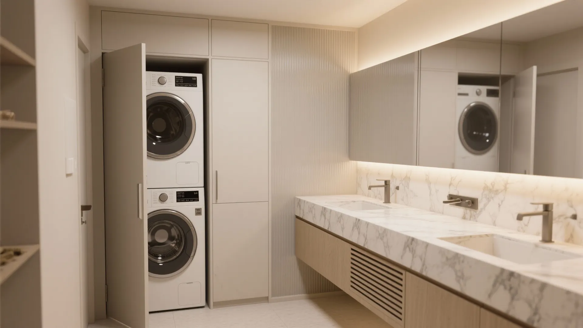 Modern laundry area hidden in cabinet with washing machine and dryer next to marble sink