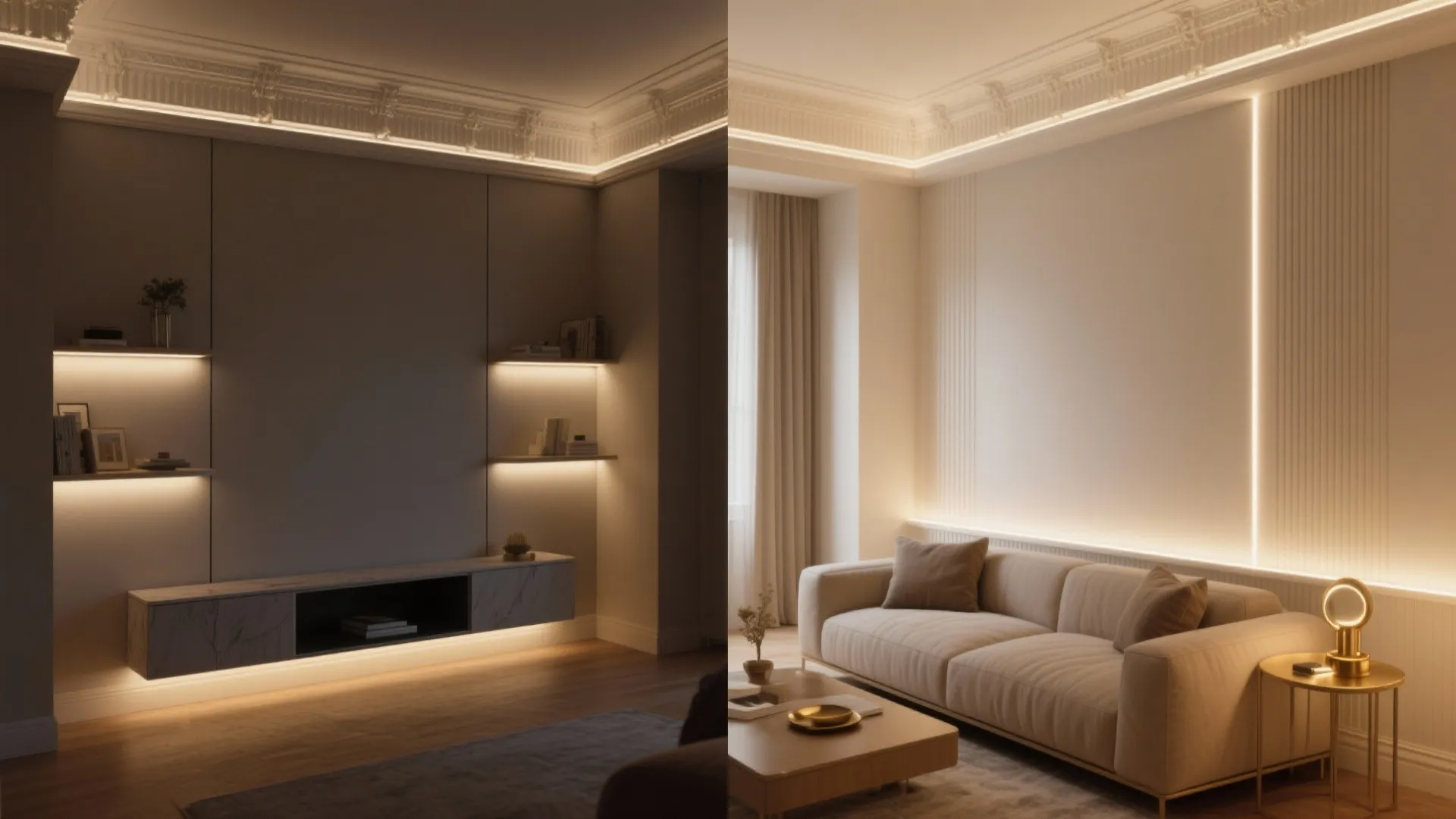 Interior design drawing showing hidden light strips under wall shelves and behind a modern sofa