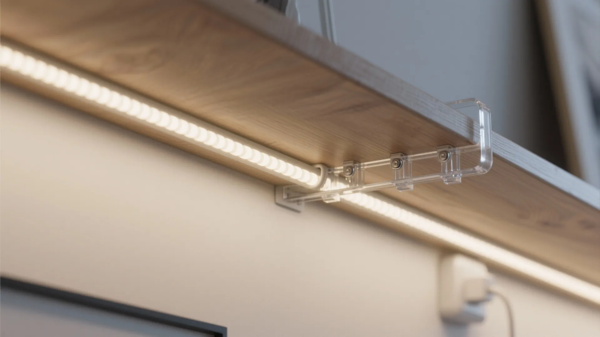 Led light strip attached under a wooden shelf using clear plastic clips for warm light