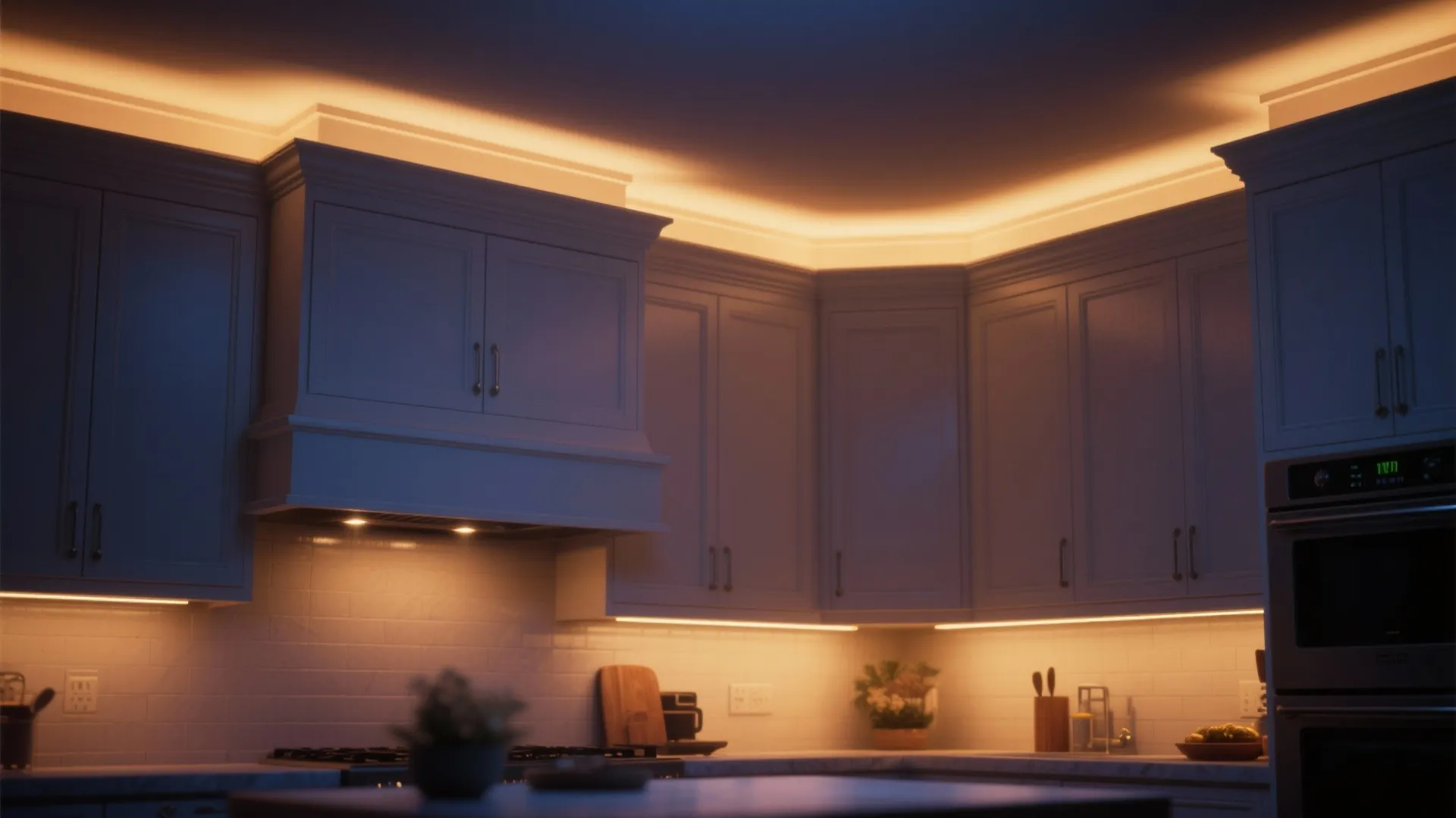 Kitchen at night with warm halo lighting from concealed LED tape behind crown molding above cabinets.