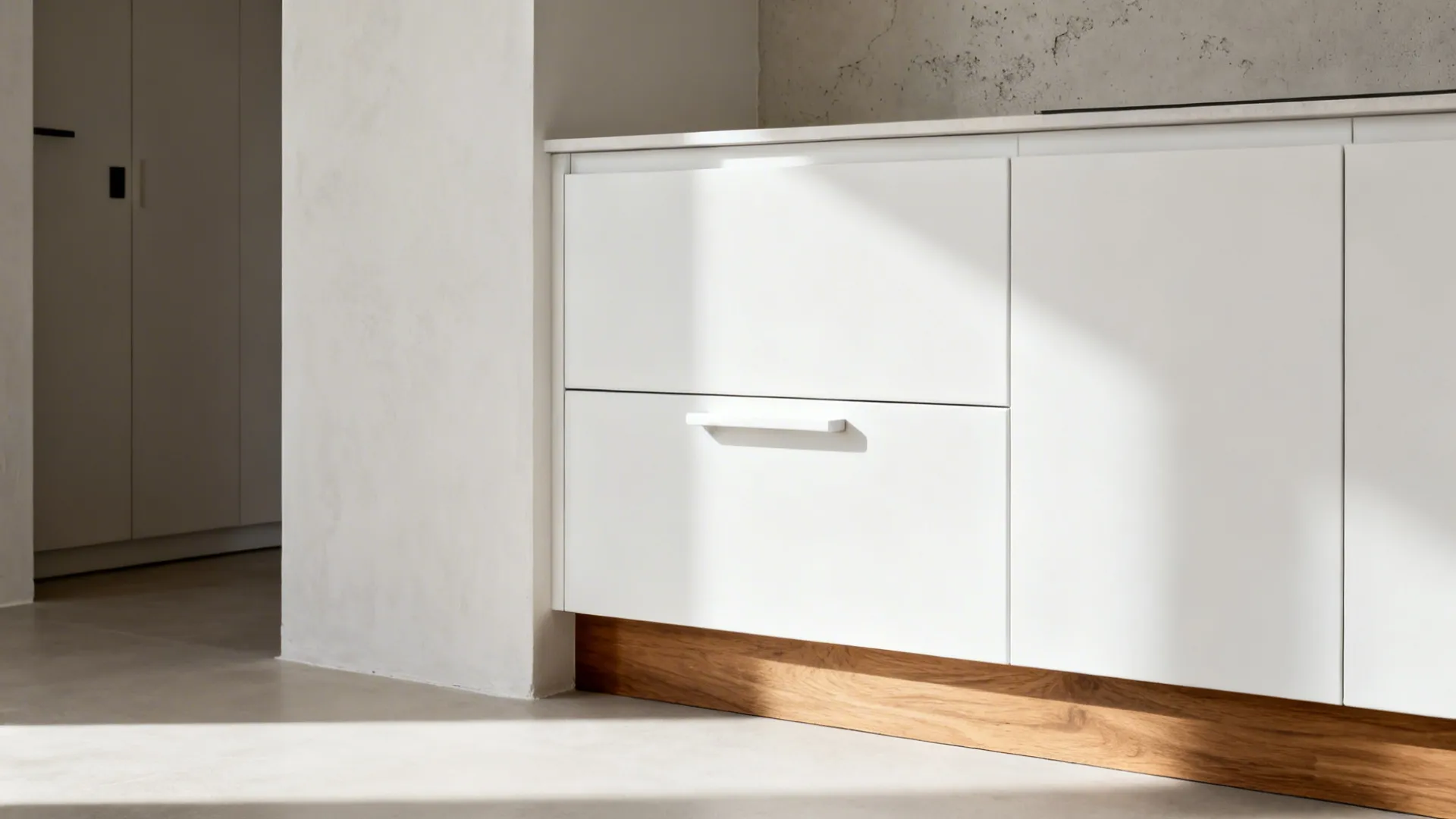 Close up of white kitchen drawers with wood base under sunlight in minimalist interior design