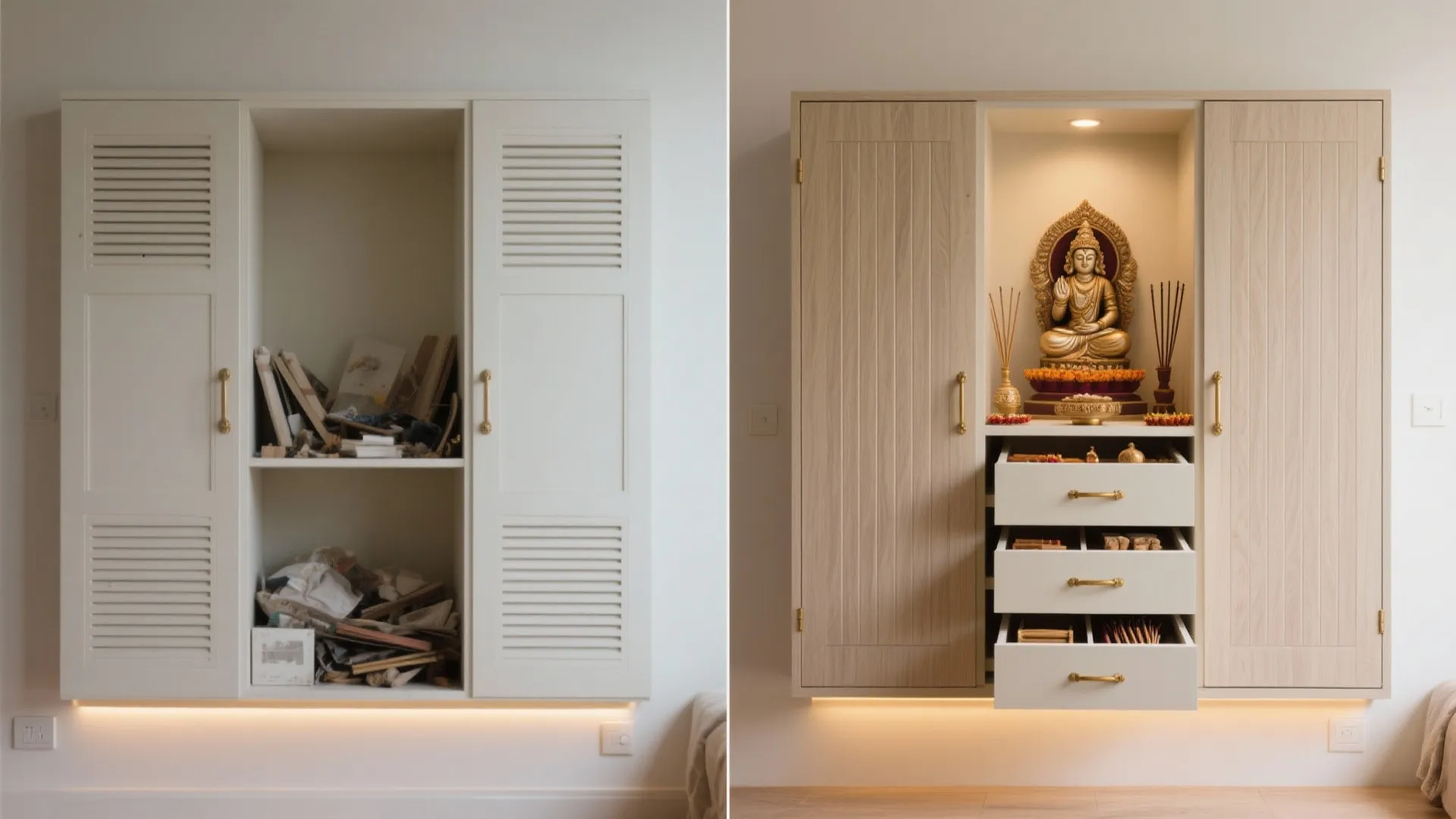 Before-and-after of a wall niche becoming a fluted-door pooja cabinet with organized drawers and soft lighting.
