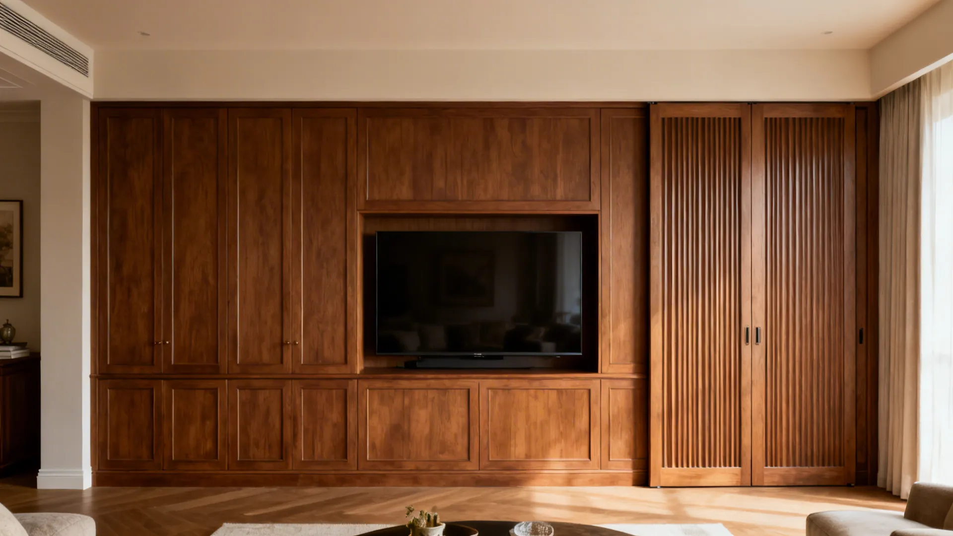 Media wall with TV visible, then hidden behind fluted sliding panels to keep a formal atmosphere.