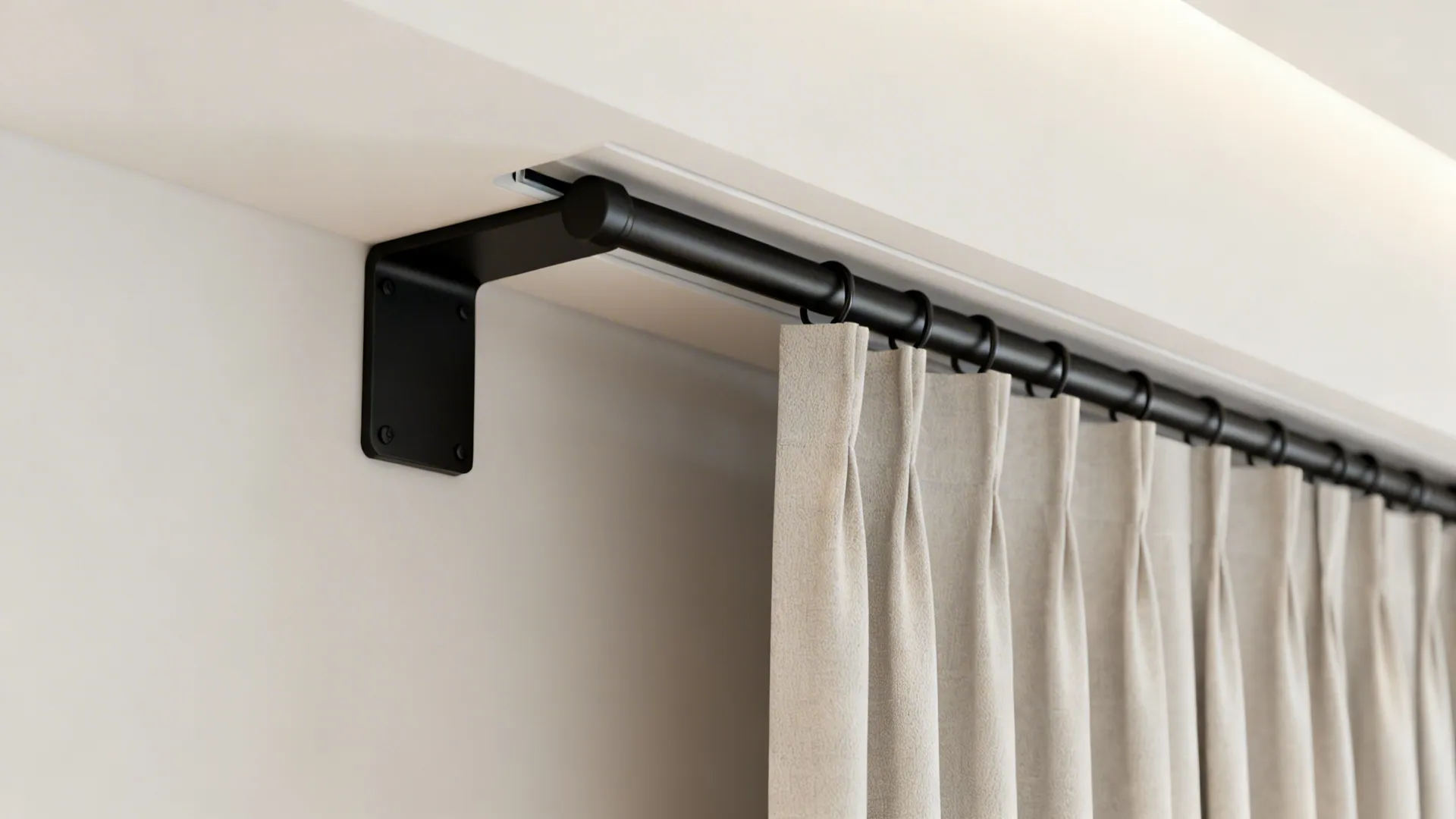 Concealed mounting system making a black curtain rod appear to float for a minimalist look.