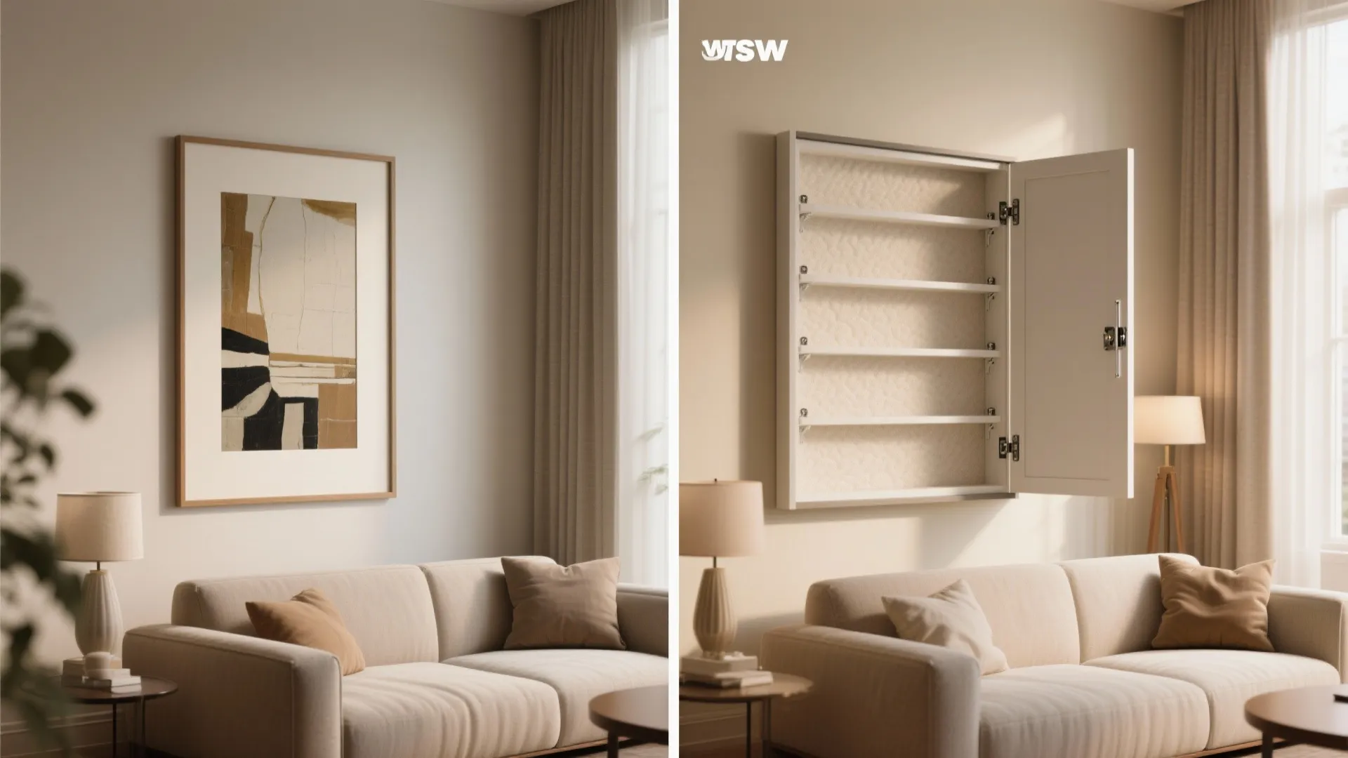 Side-by-side view of wall art transforming into a wall cabinet with shelves above a sofa