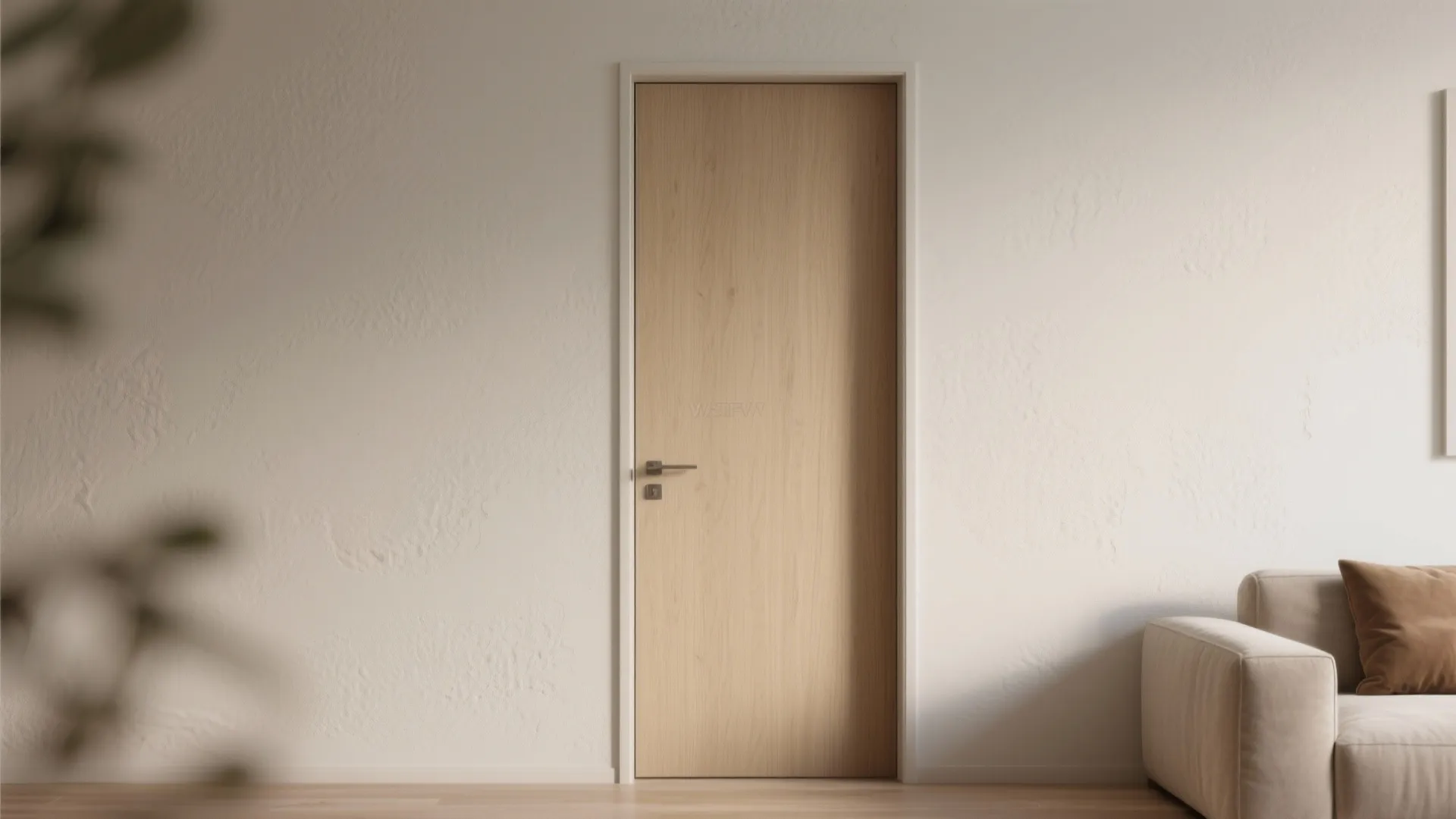 Modern minimal light wood door installed on white textured wall next to a beige sofa