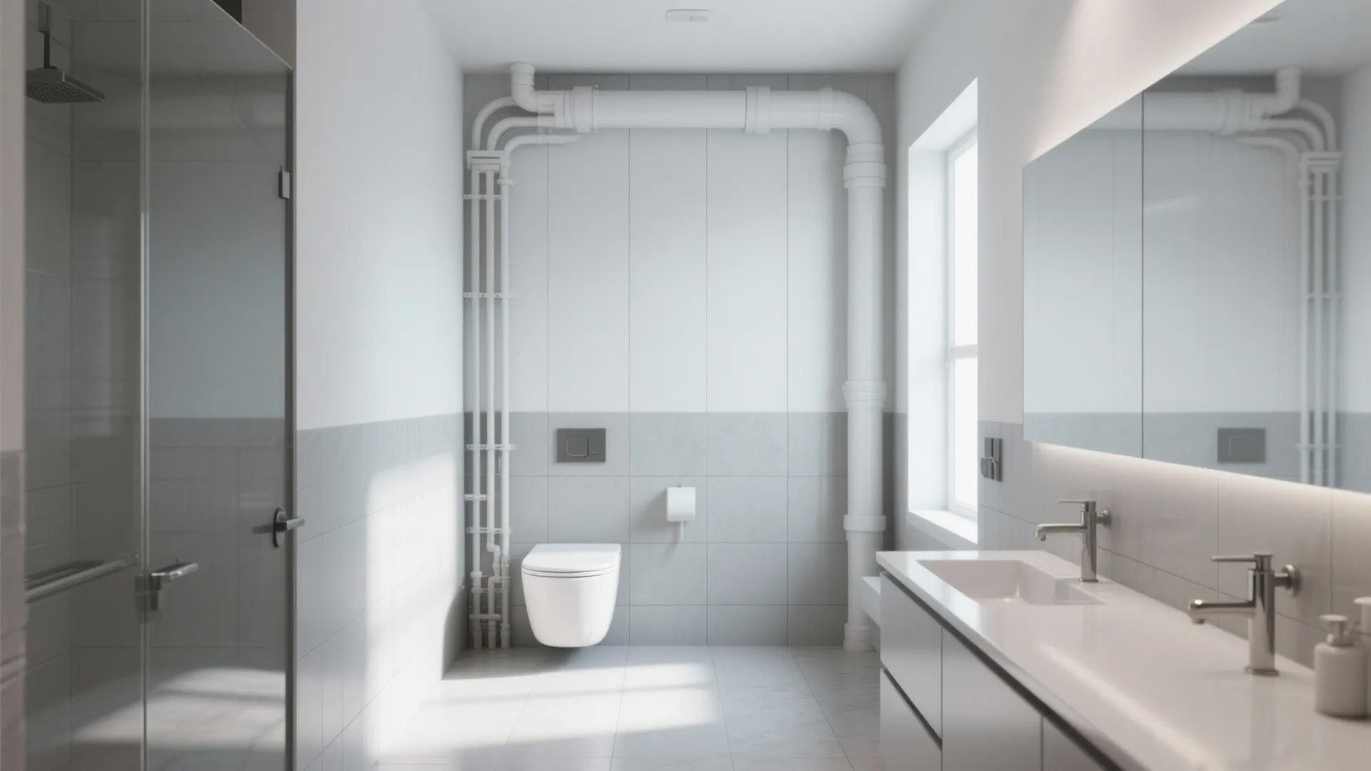 Modern grey and white bathroom interior design showing exposed water pipes on a tiled wall