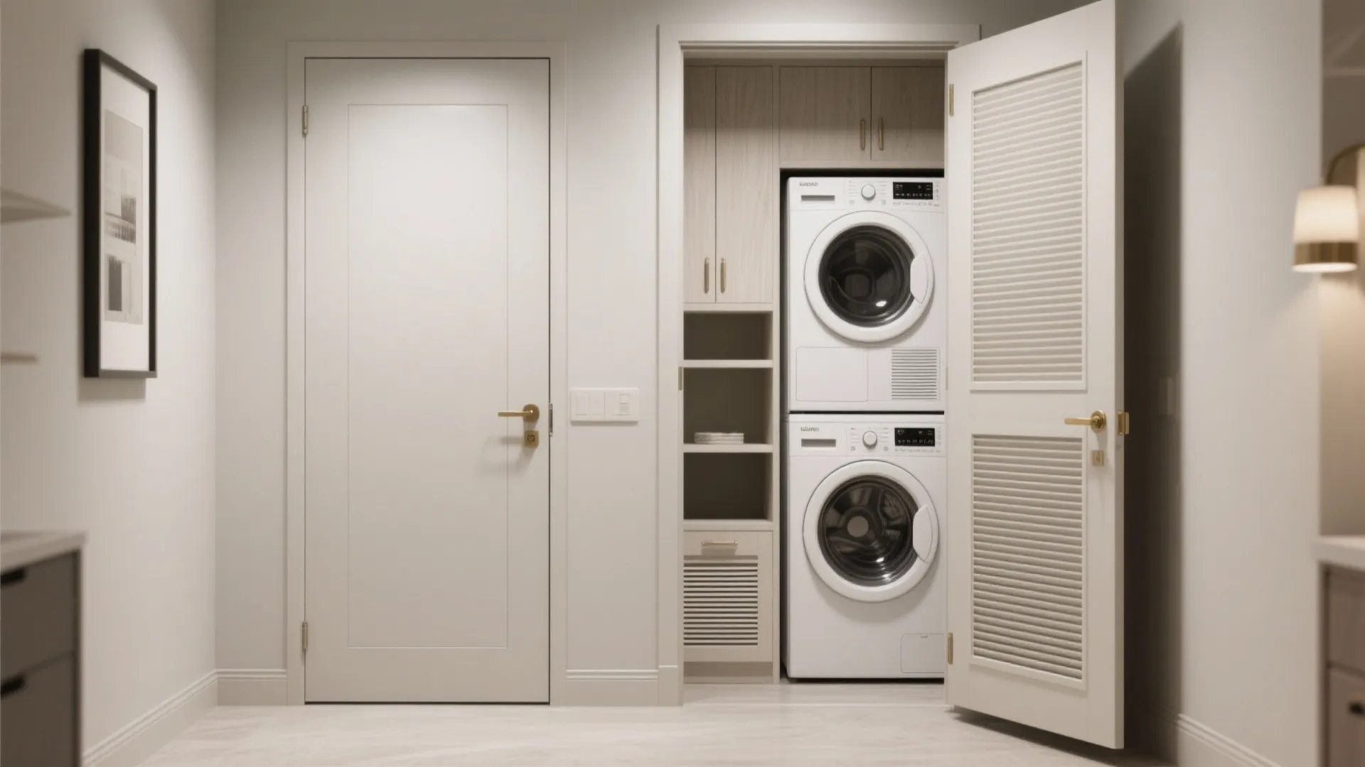 Before and after view of a pocket door concealing a stacked washer dryer and shallow storage, closed and open states.