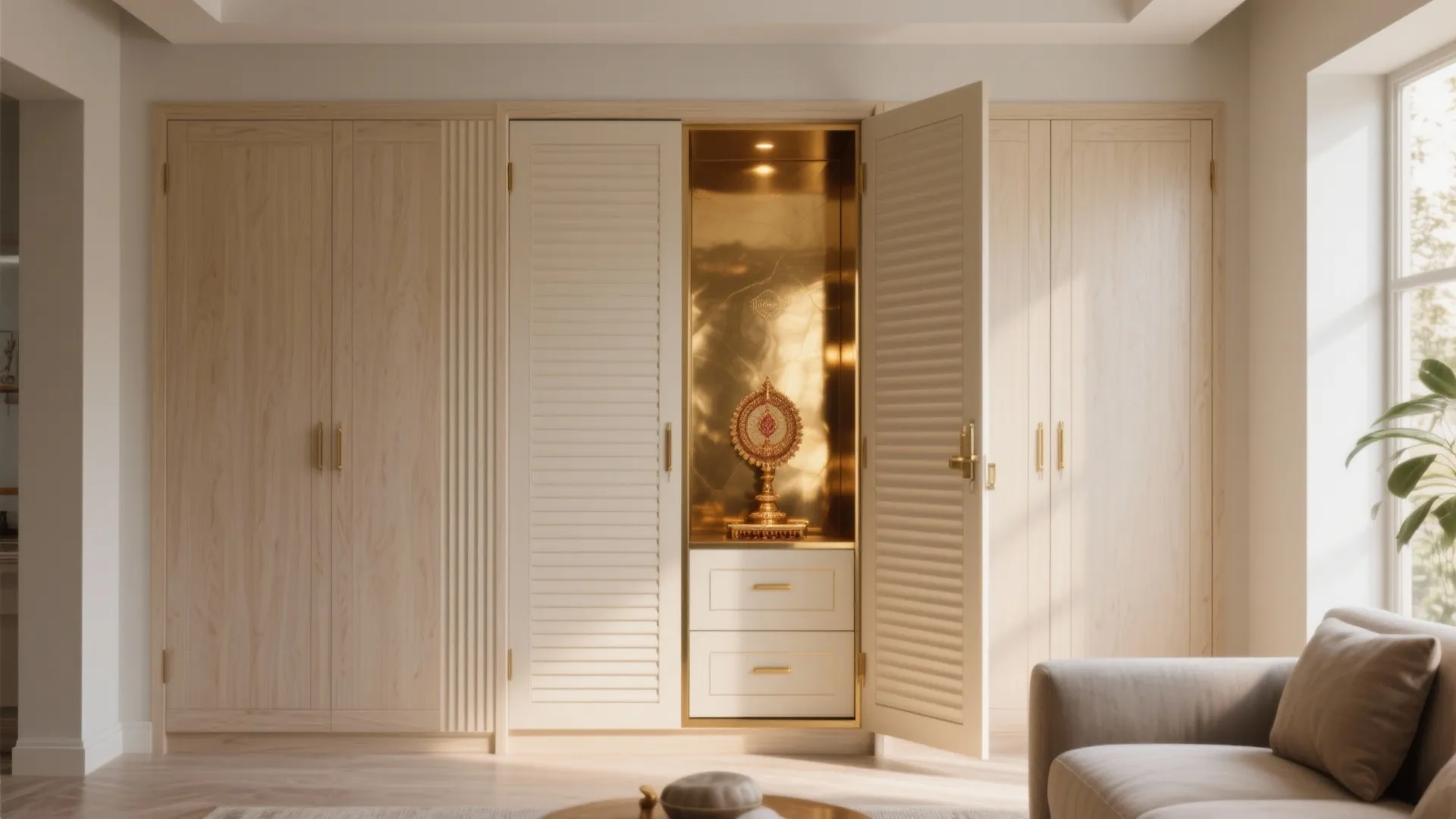 Flexible, concealed pooja in a living room niche