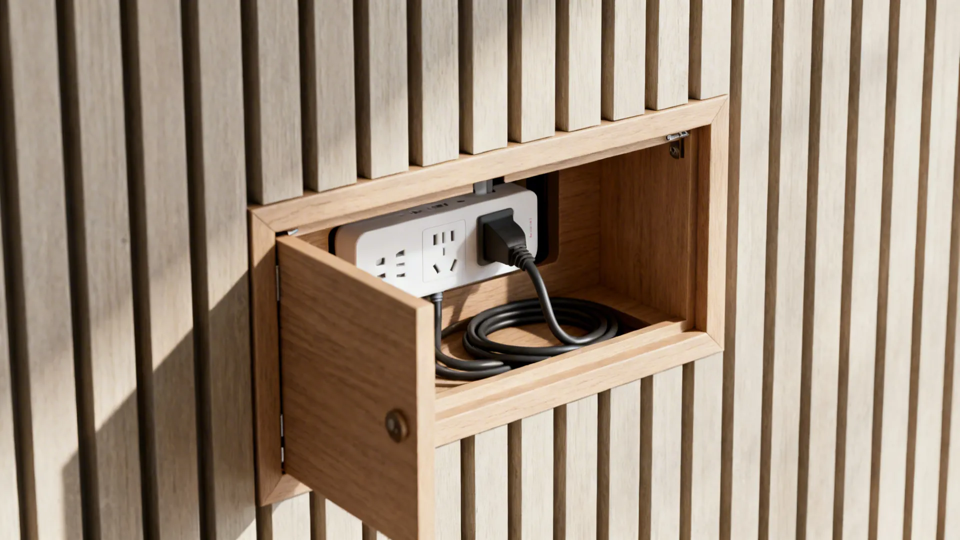Close-up of a concealed power strip neatly housed in a wooden storage box.