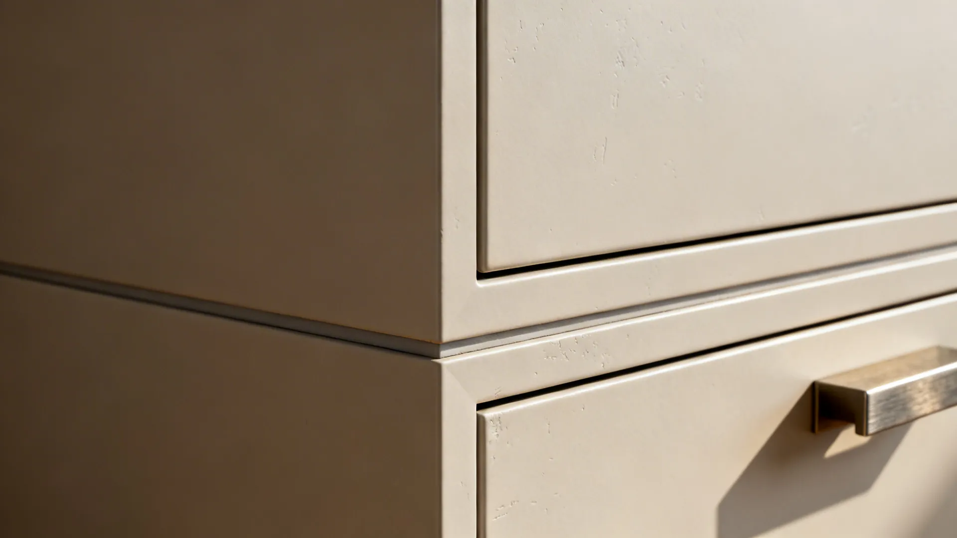 Macro view of concealed pull on a matte slab kitchen cabinet with clean reveal lines.