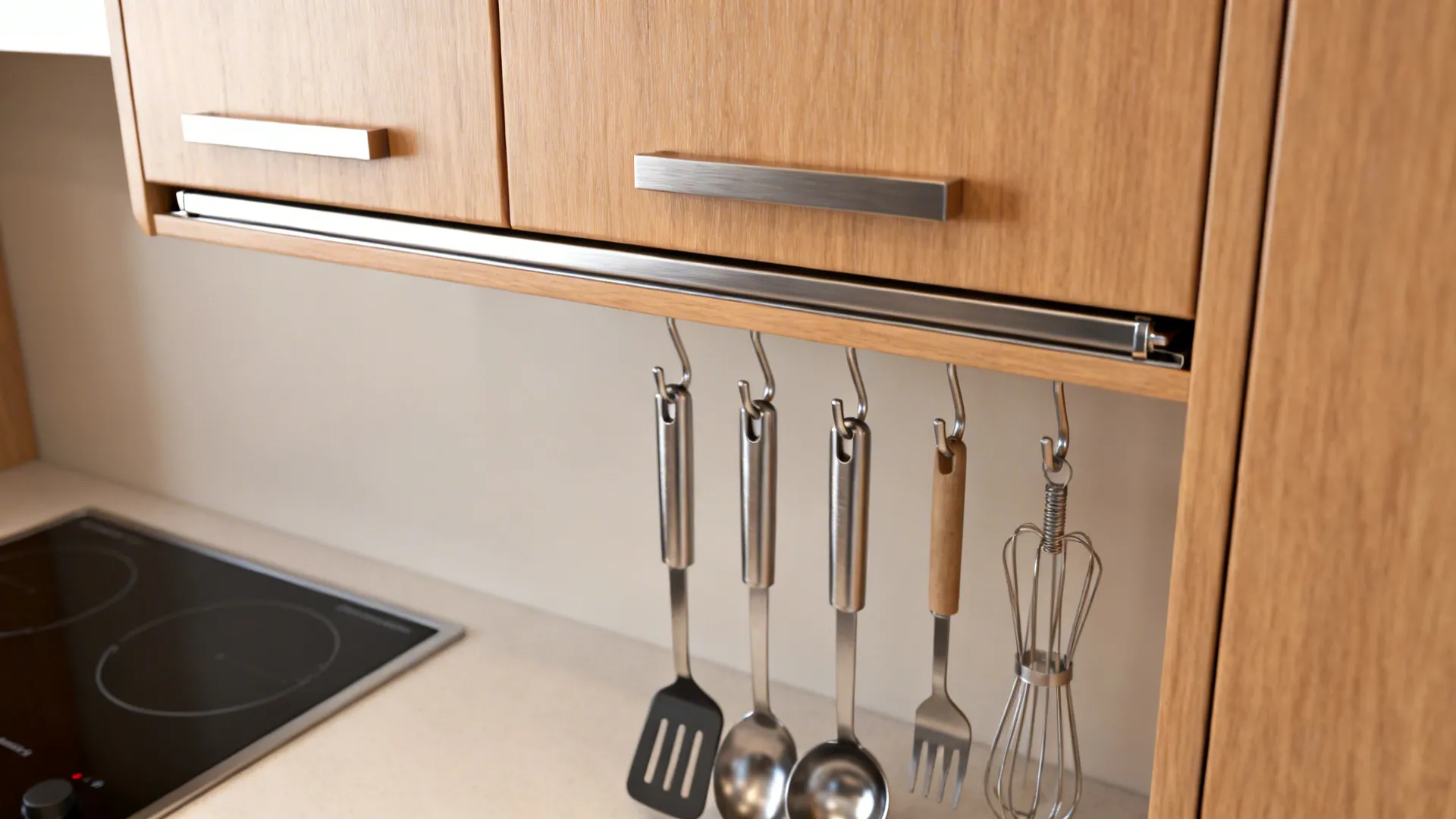 Macro of a concealed stainless rail under shallow uppers with matching hooks in a minimal galley kitchen.