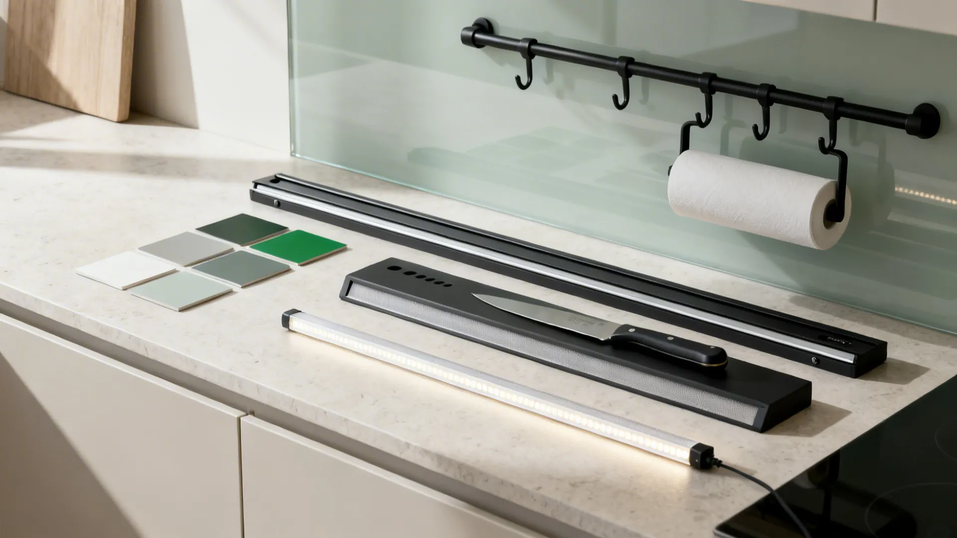 Flat lay of concealed rail system with hooks, LED strip with diffuser, and matching matte kitchen material swatches.