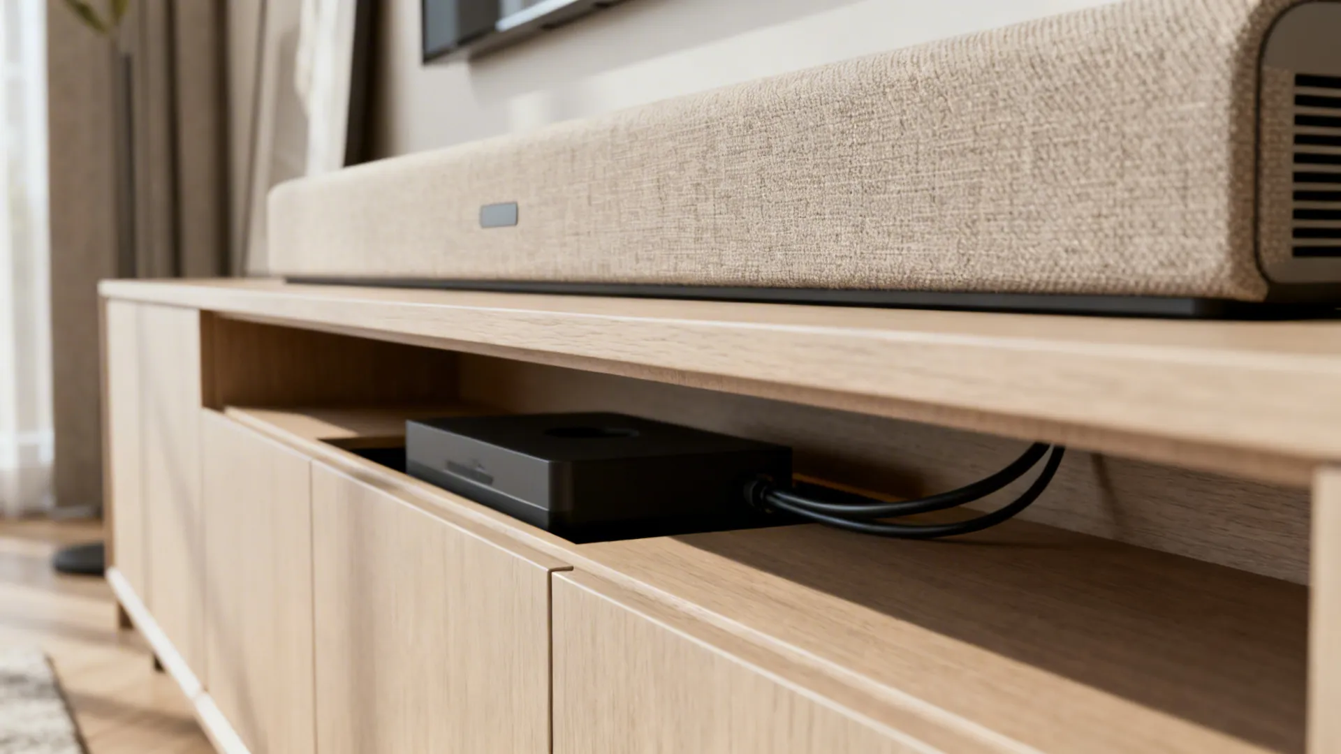 Low-profile soundbar in a shallow credenza with hidden subwoofer cavity and cable management