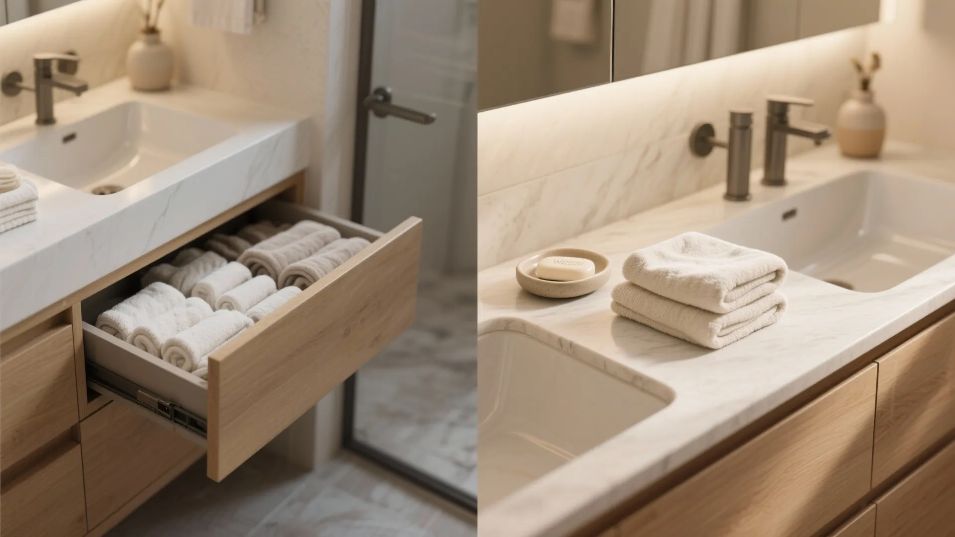 Modern bathroom vanity with open wood drawer storing rolled white towels near a marble sink