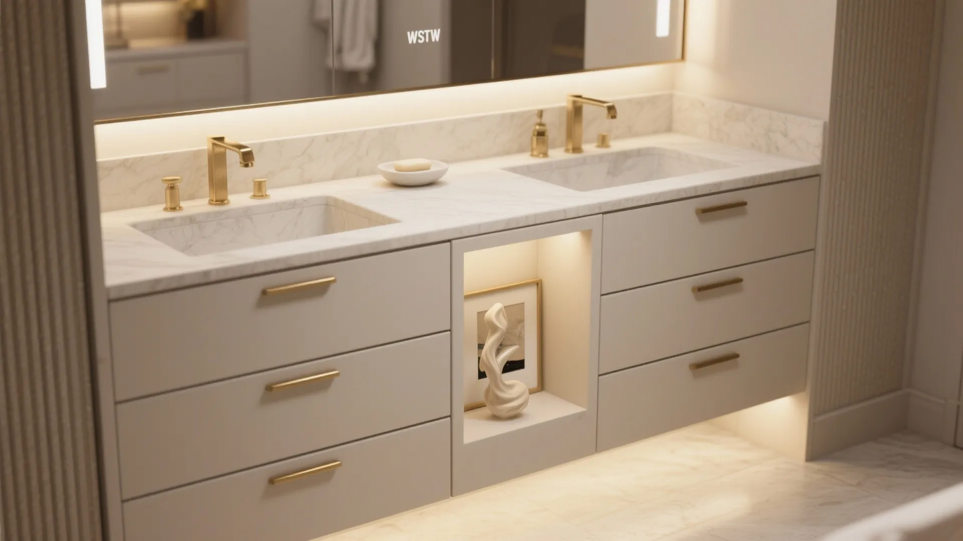 Glam vanity with concealed drawers and a curated open niche displaying a sculptural soap dish and framed print.