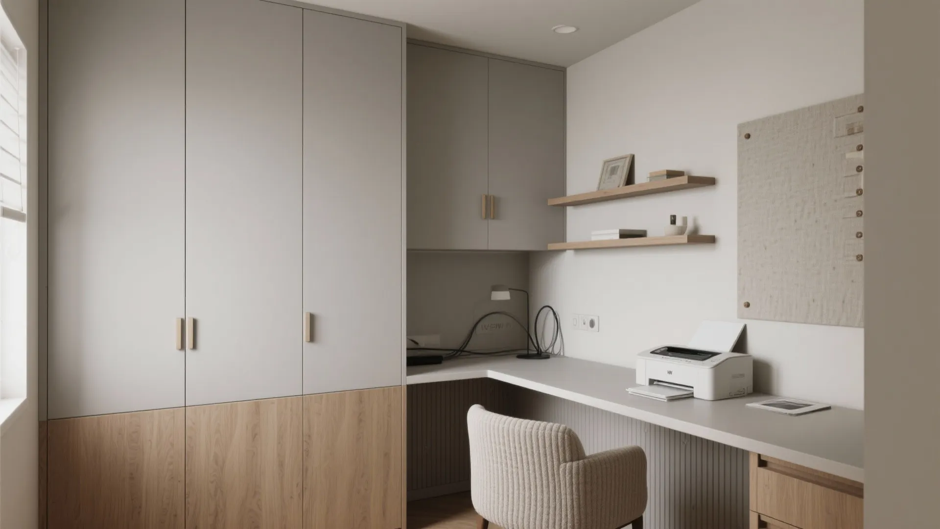 Modern home office area featuring gray cabinets wooden details a white desk and a printer