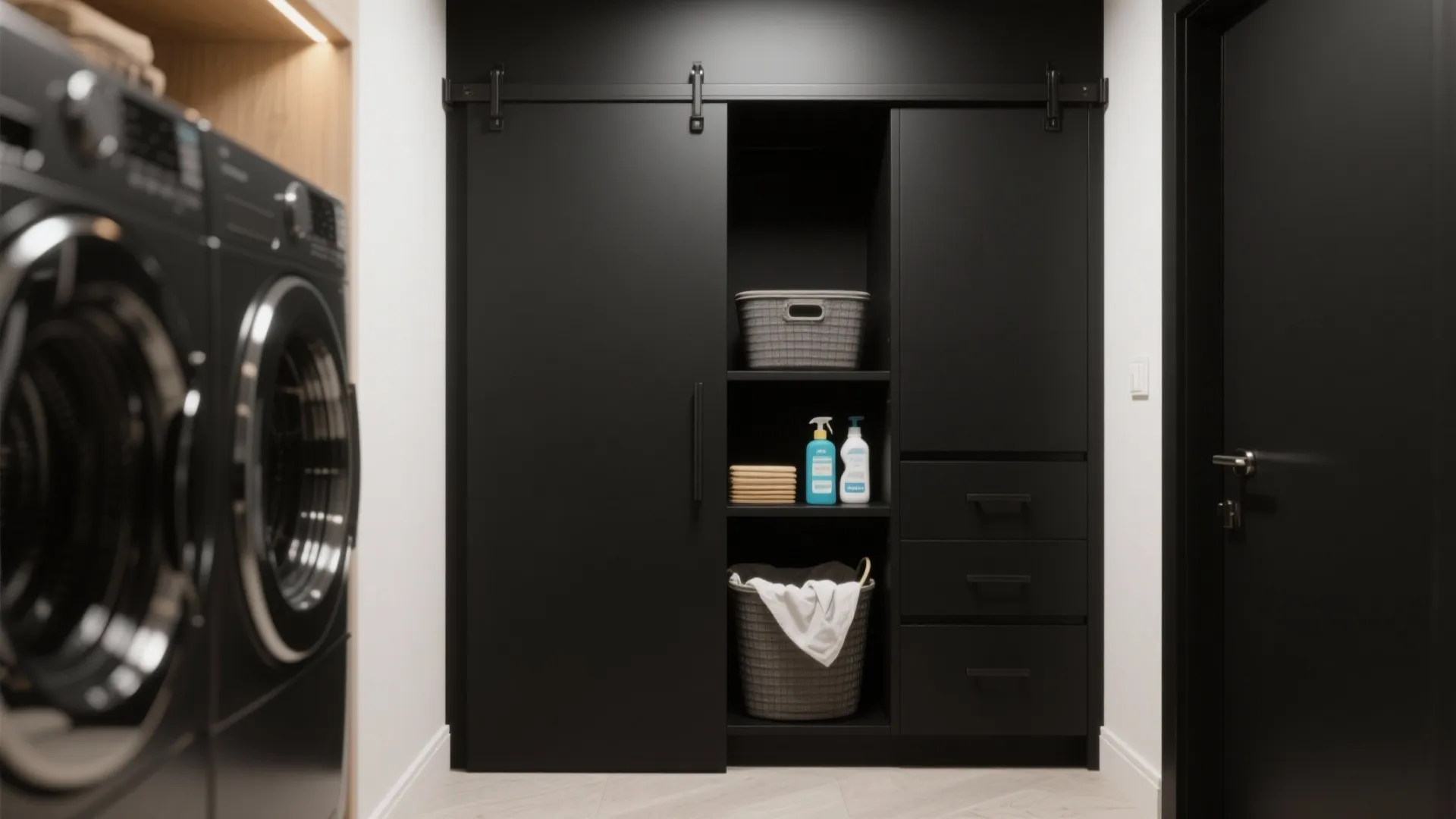 Black sliding door cabinet for laundry storage with grey baskets and black washing machine nearby