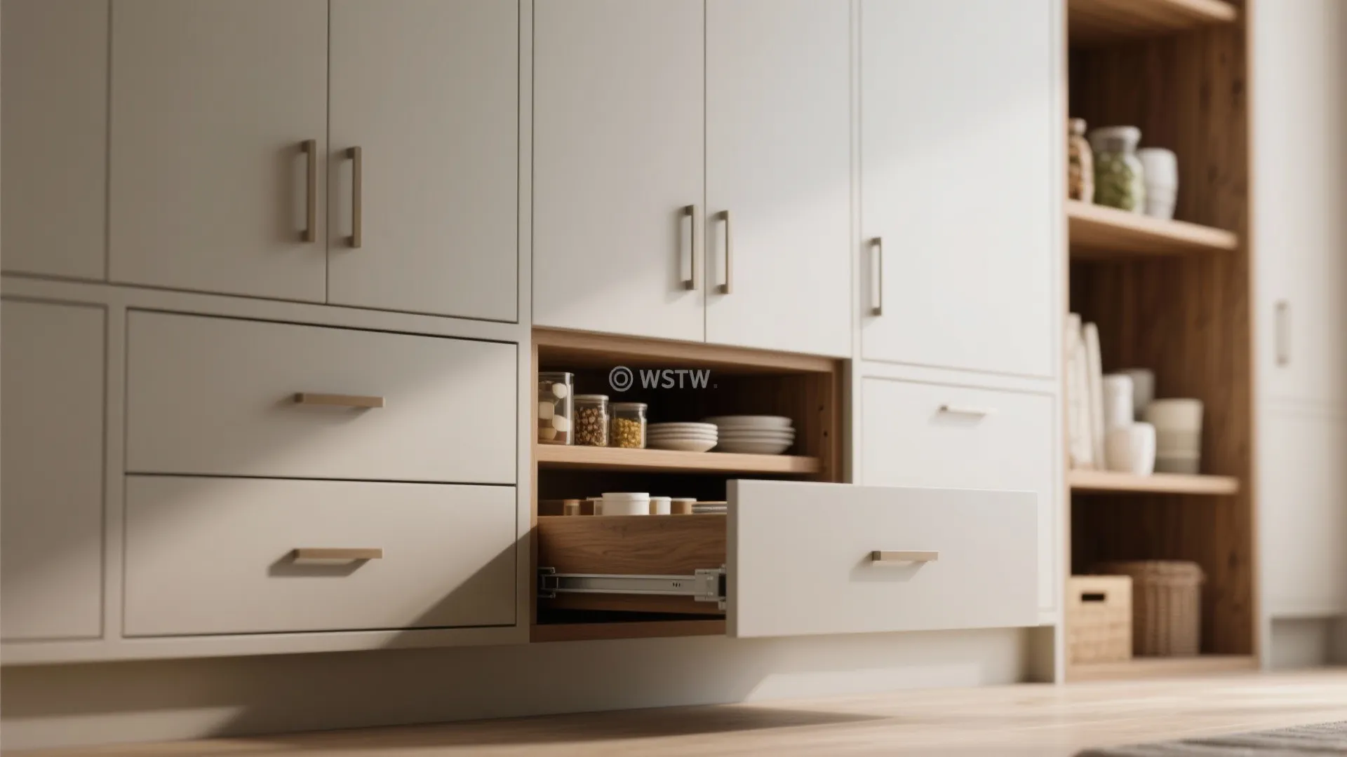 White kitchen cabinet with an open wooden drawer showing organized plates bowls and storage jars