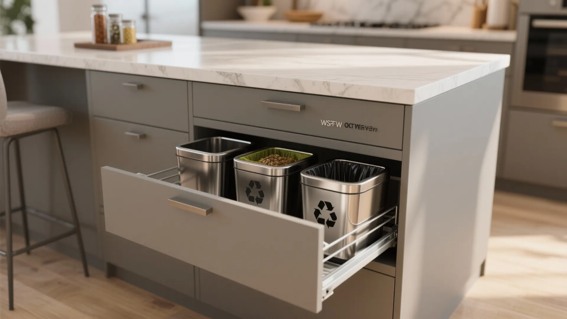 2. Island with concealed storage and trash sorting