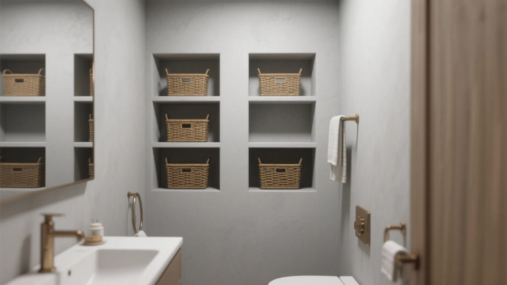 Minimalist bathroom with white wall shelves holding woven baskets near a sink and gold faucet