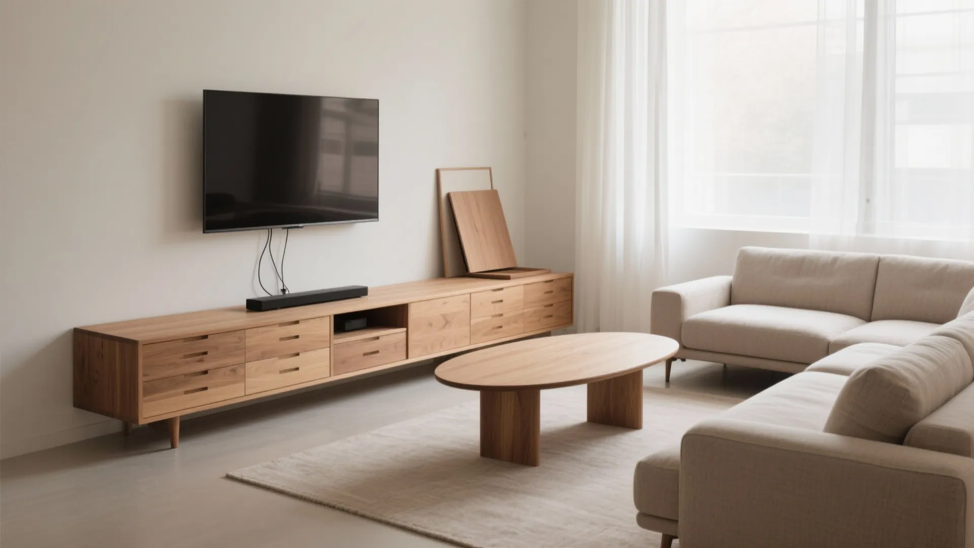 Minimalist living room with wooden cabinet under a wall mounted television and cream fabric sofa