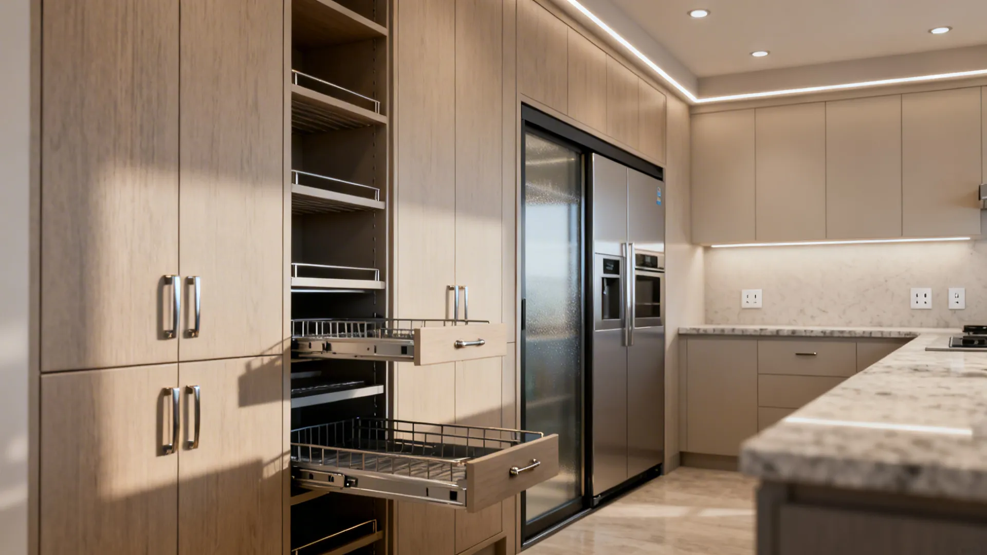 Smart pantry and appliance garage keeping counters clear in an open kitchen.