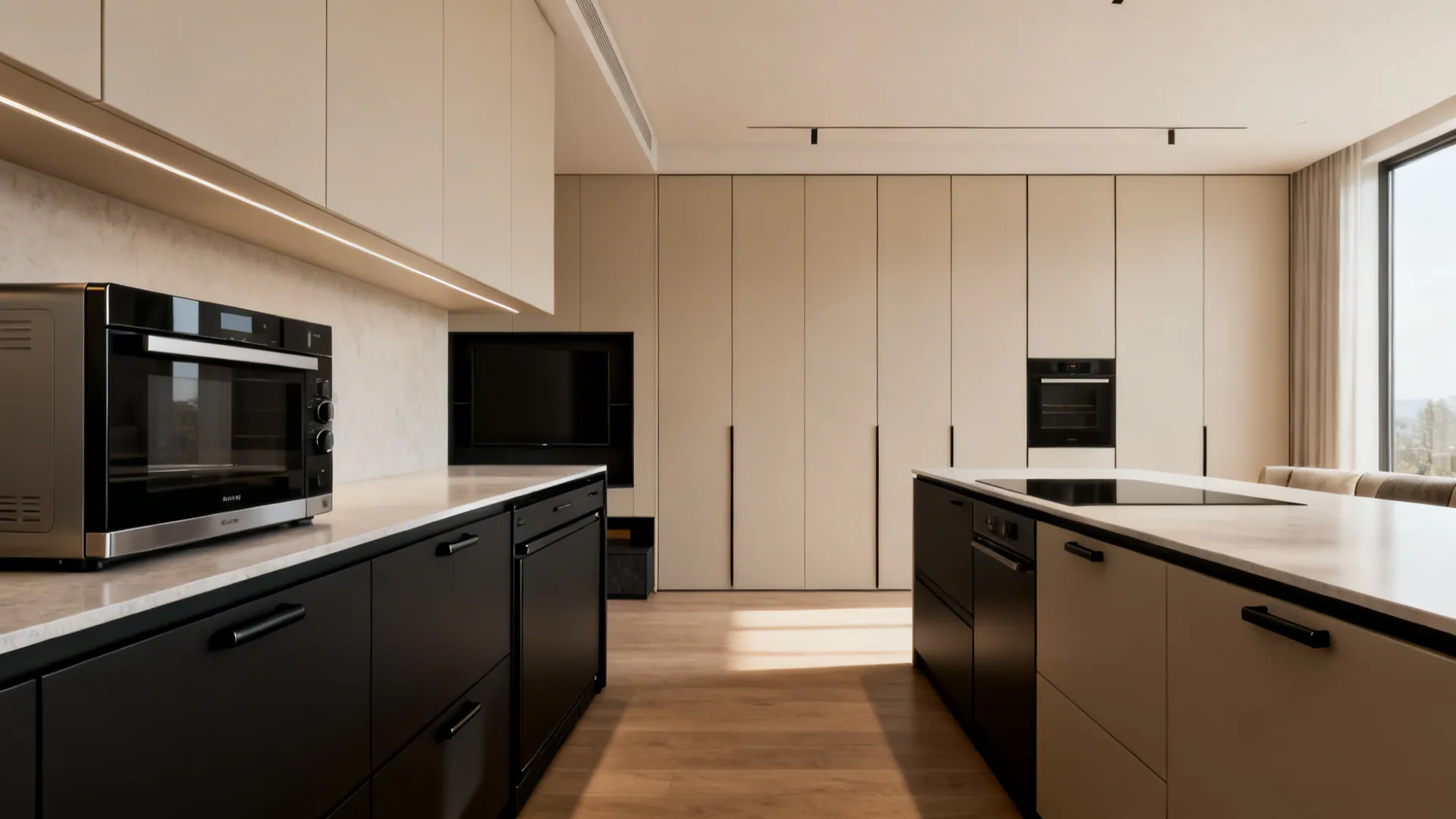 Full-height pantry doors and integrated media cabinets keep the open-plan space clutter-free.