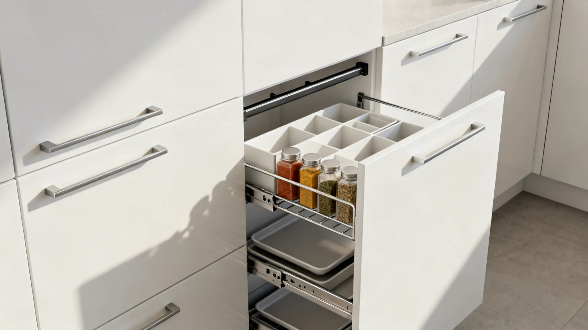 Close-up of a full-height pantry pull-out and slim uppers with integrated pulls in a minimalist kitchen.