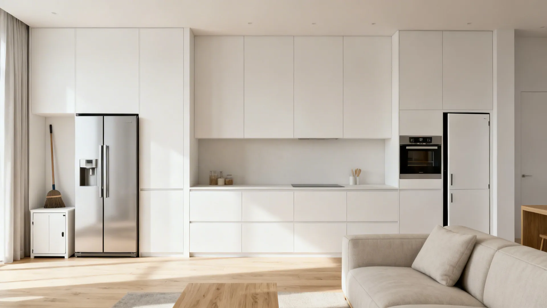 Concealed storage and appliance zoning for visual calm