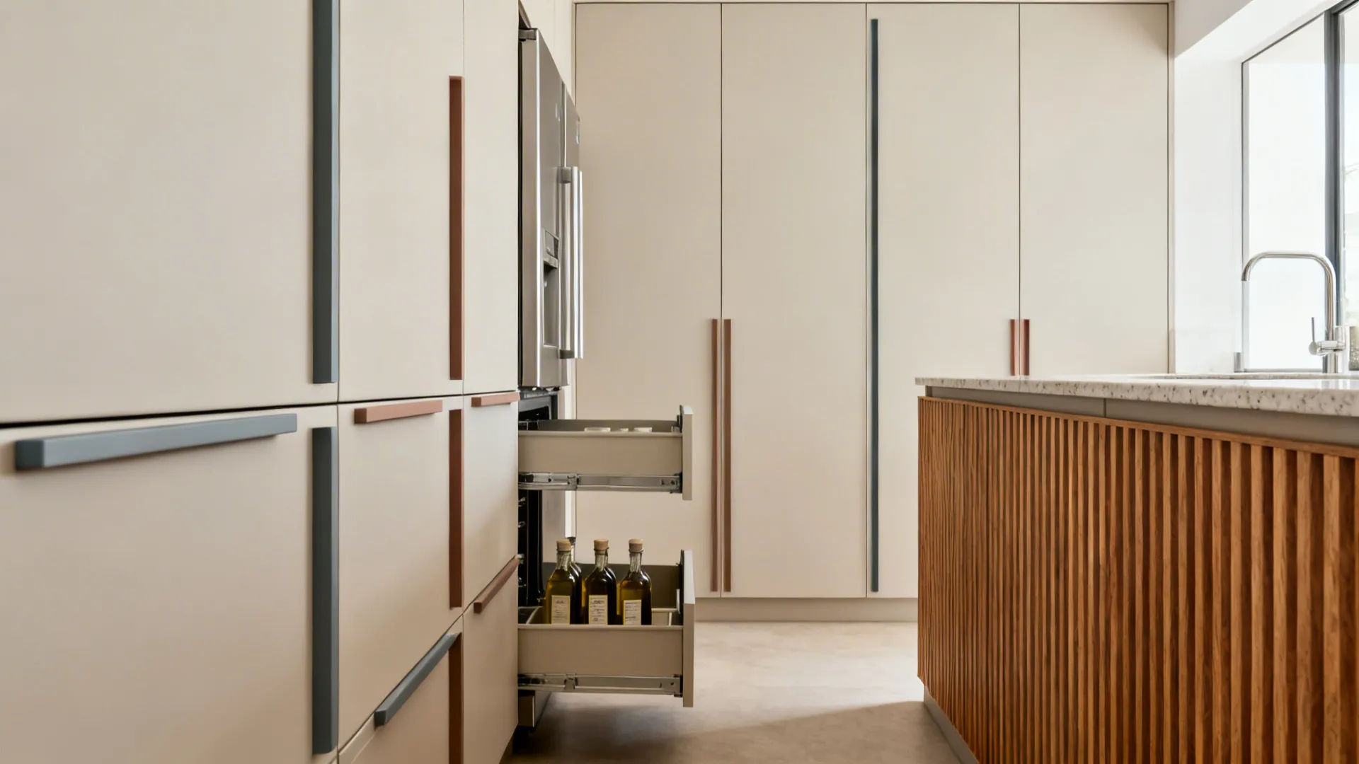 Minimalist galley kitchen with handleless slab cabinets and tall pull-out pantry next to the fridge.