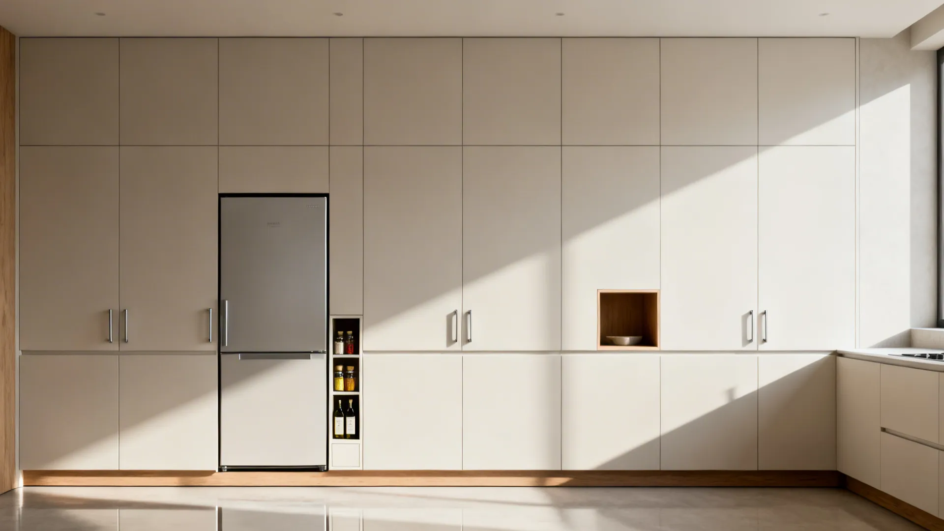 Hyper-minimal kitchen with floor-to-ceiling handleless panels and a small open niche.