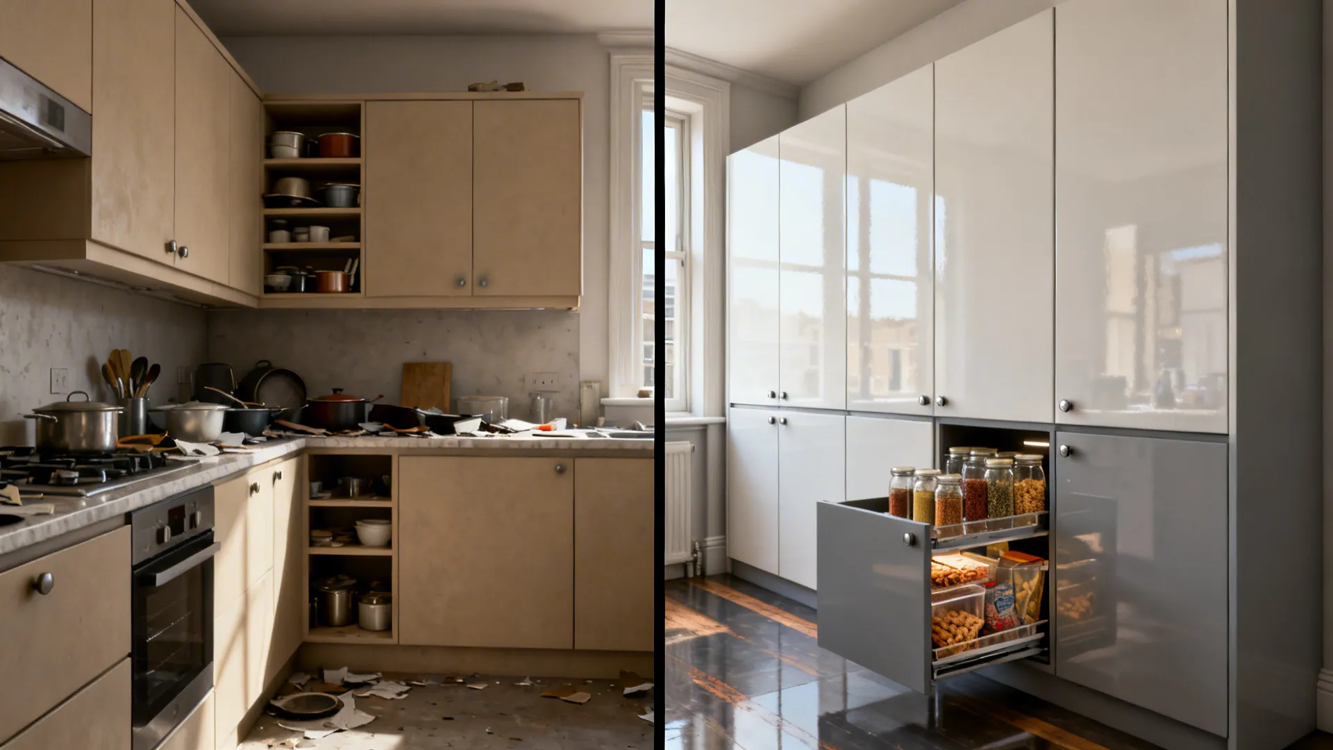 Before-and-after compact kitchen showing cluttered cabinets replaced by full-height concealed storage with pull-outs.