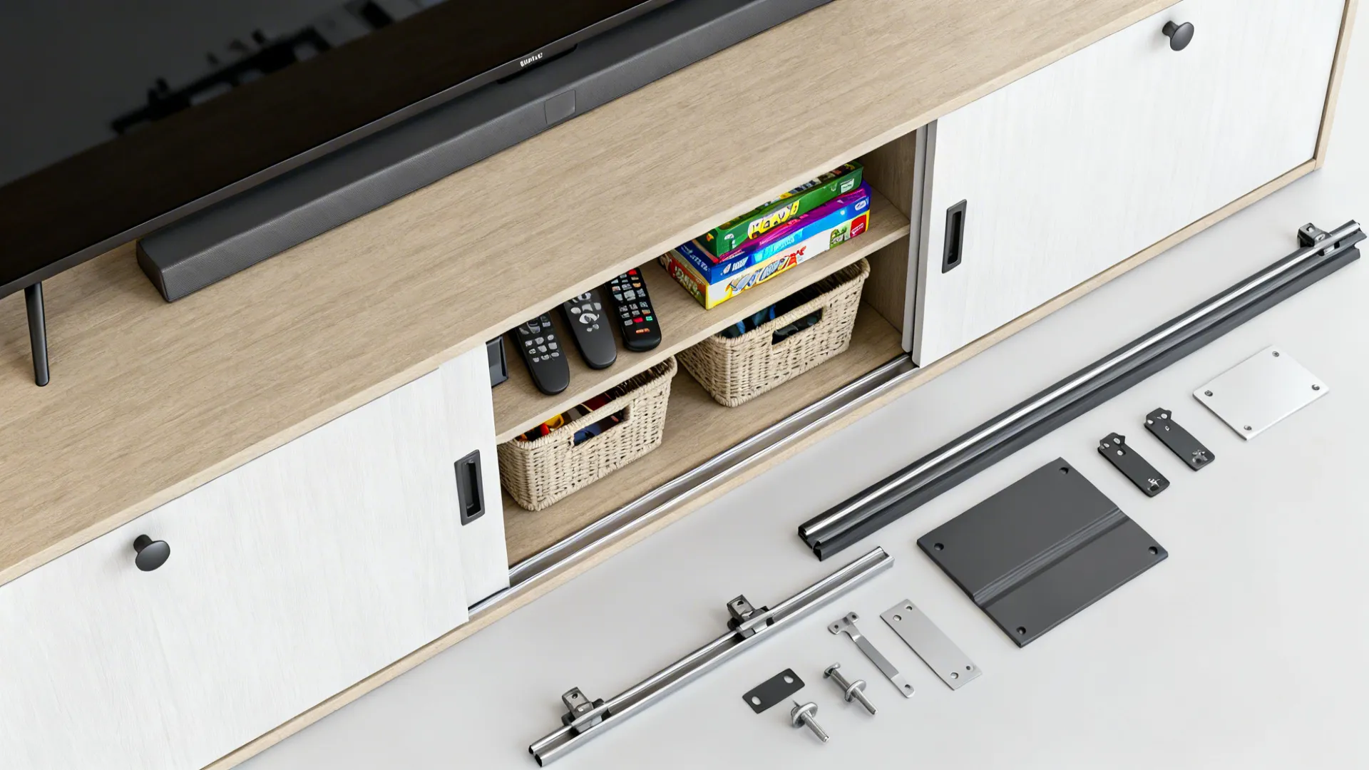 Flatlay of concealed media storage solutions with sliding panels and sample materials.