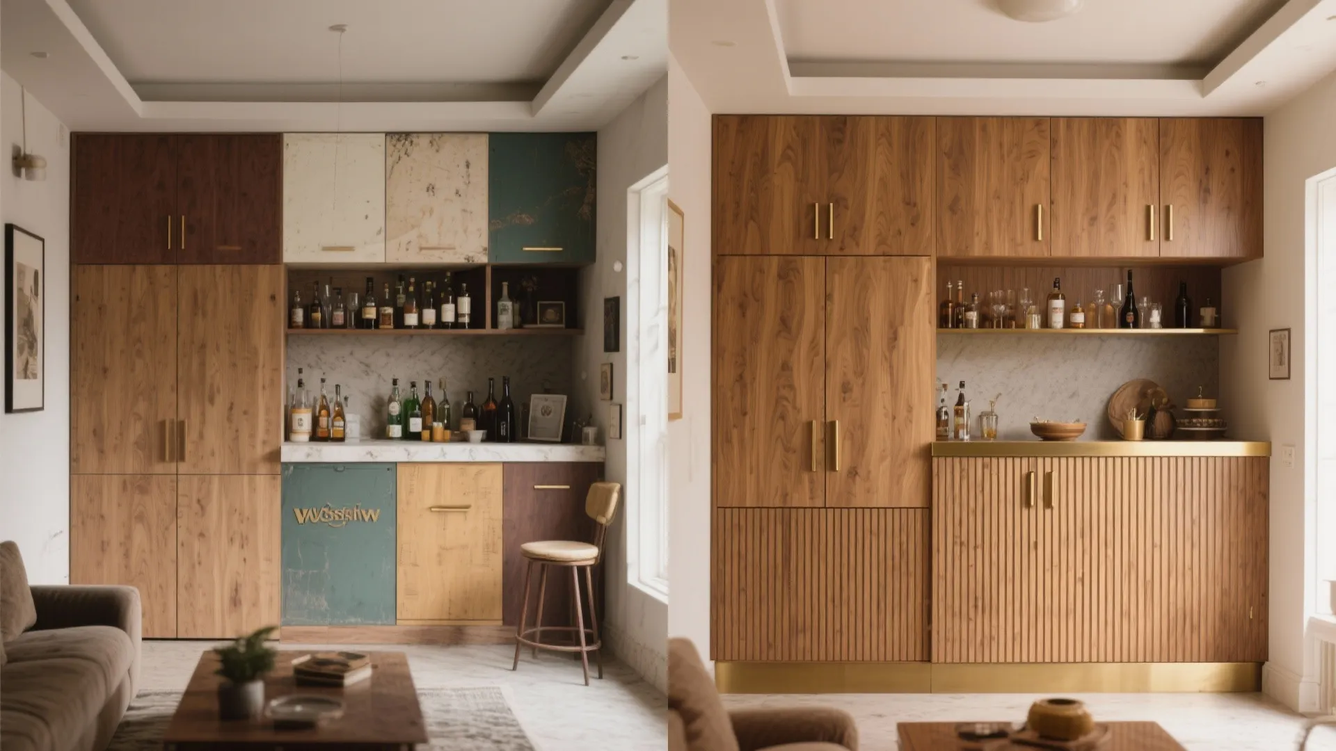 Before-and-after of fluted wood wall concealing a bar with clean continuous lines.