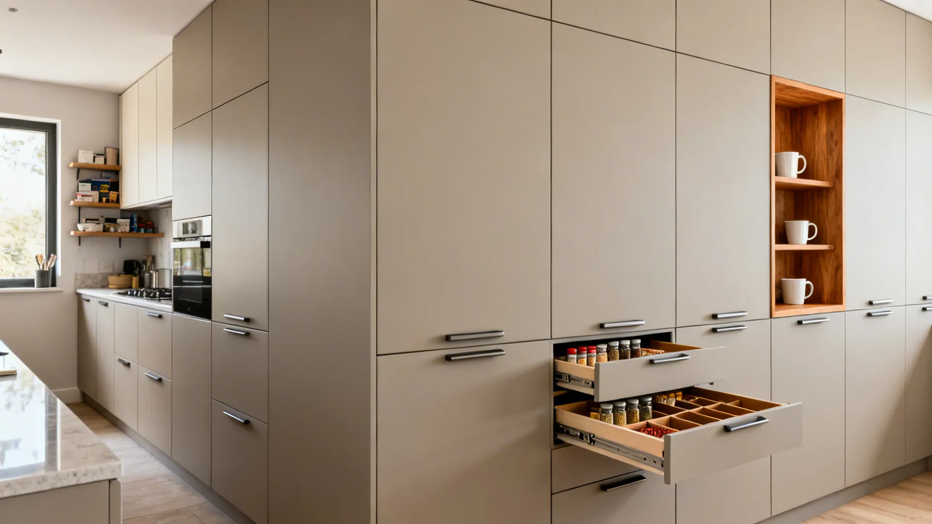 Before-and-after of a small kitchen wall showing cluttered shelves versus flat-panel full-height cabinets with organized pull-outs