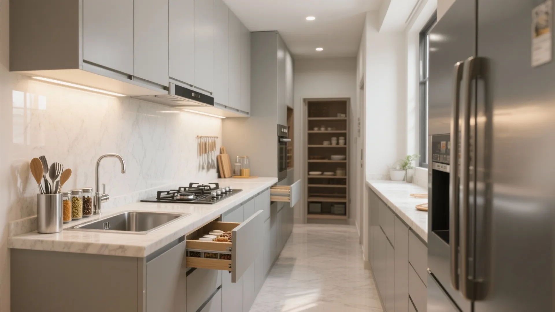 Modern narrow kitchen with grey cabinets, marble countertops, gas stove, and open wooden storage drawer