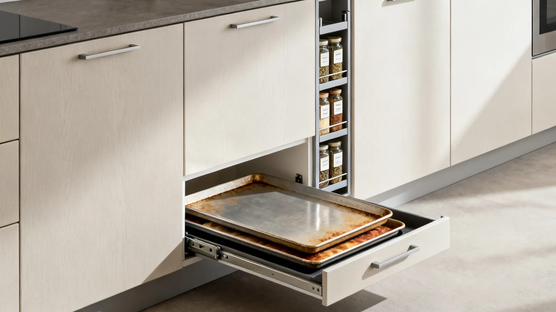 Macro view of toe-kick drawer and slim pull-out spice rack in a minimalist kitchen.
